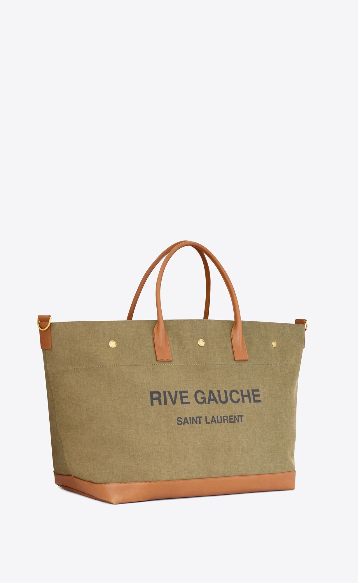 YSL Rive Gauche Maxi Shopping Bag In Canvas And Vegetable-tanned Leather Khaki And Brick | KWONS1203