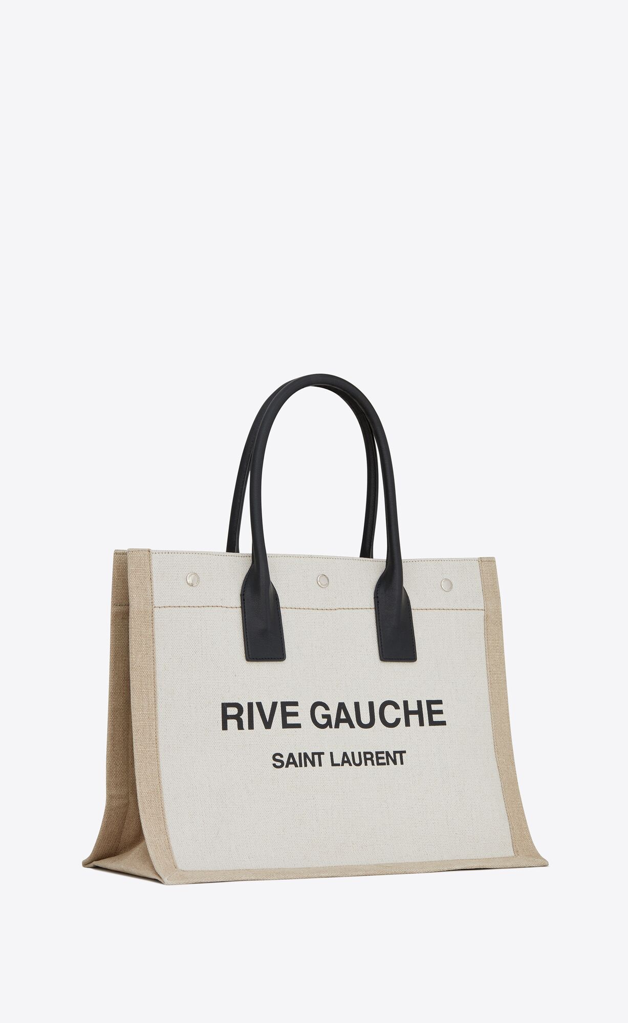 YSL Rive Gauche Small Tote Bag In Linen And Leather Greige / Black + Natural + Black | FGPHU4751