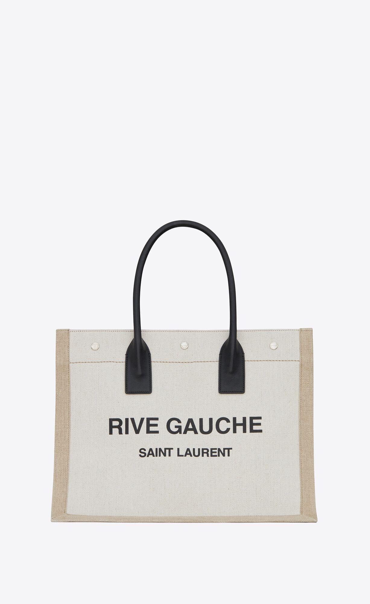 YSL Rive Gauche Small Tote Bag In Linen And Leather Greige / Black + Natural + Black | FGPHU4751