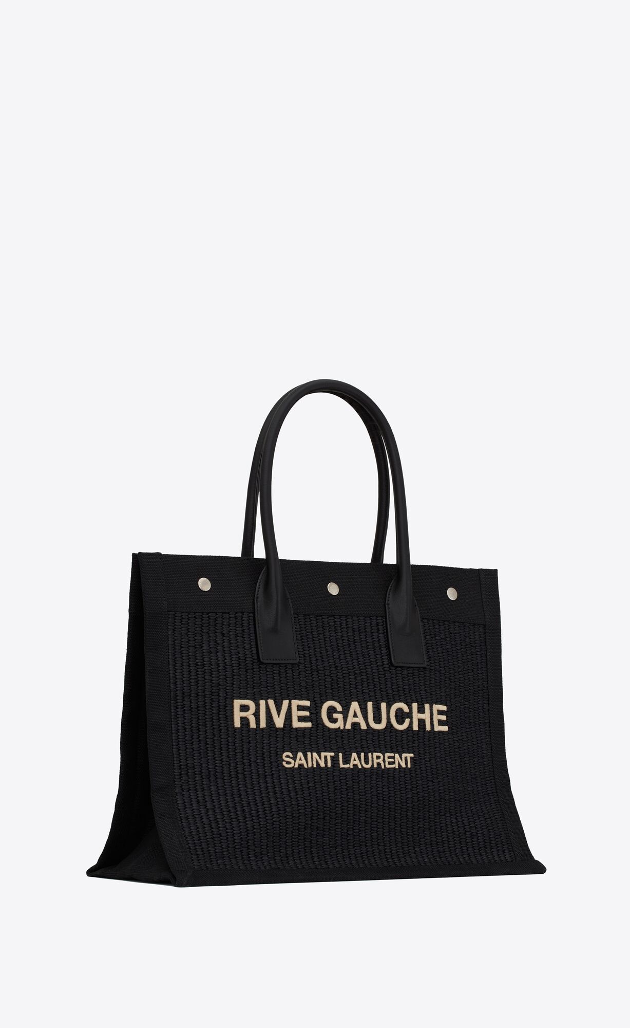 YSL Rive Gauche Small Tote Bag In Raffia And Leather Black | BZDKU0235