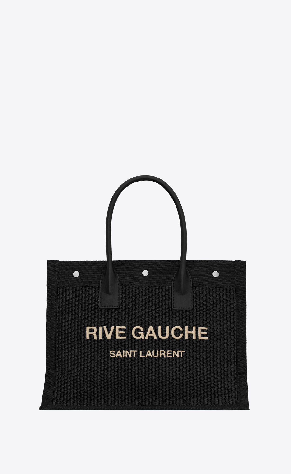 YSL Rive Gauche Small Tote Bag In Raffia And Leather Black | BZDKU0235