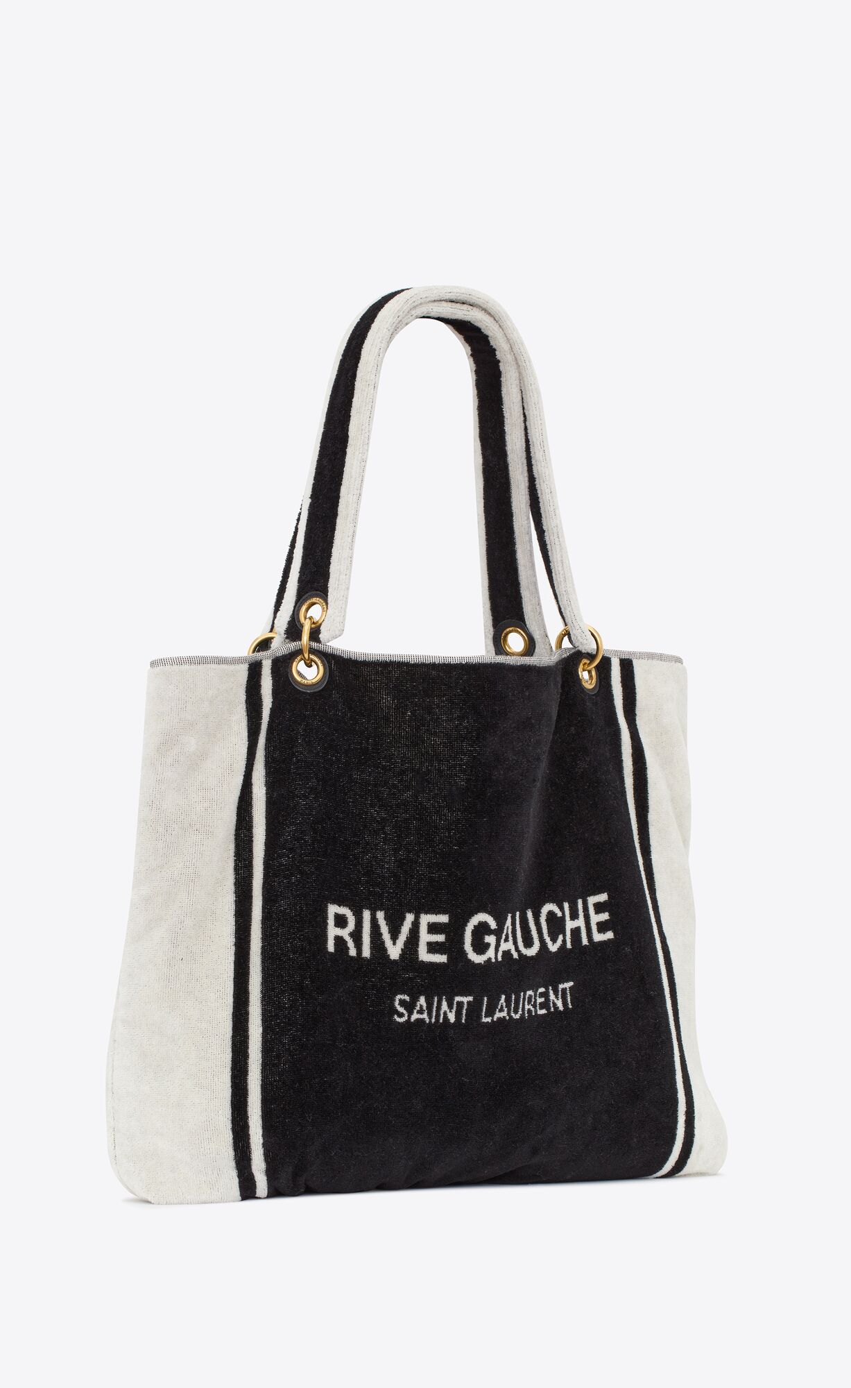 YSL Rive Gauche Towel Tote Bag In Terry Cloth Black And White | FMWER3694