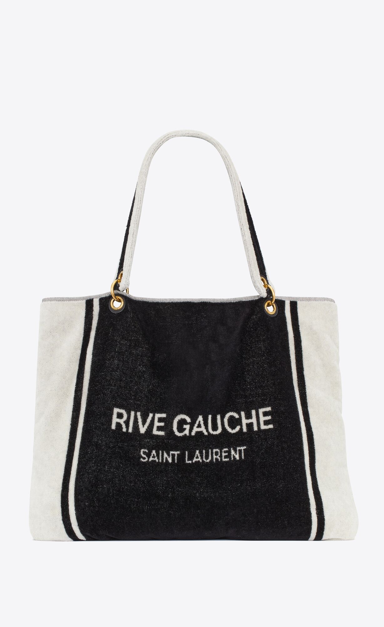 YSL Rive Gauche Towel Tote Bag In Terry Cloth Black And White | FMWER3694