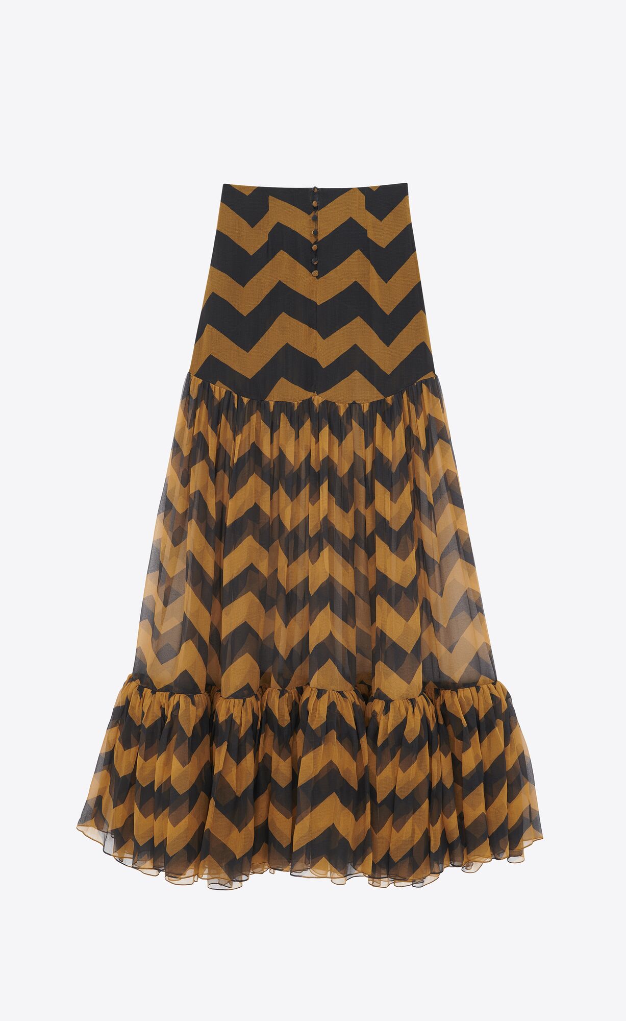 YSL Ruffled Long Skirt In Chevron Silk Paille Et Noir | LFDCN6942