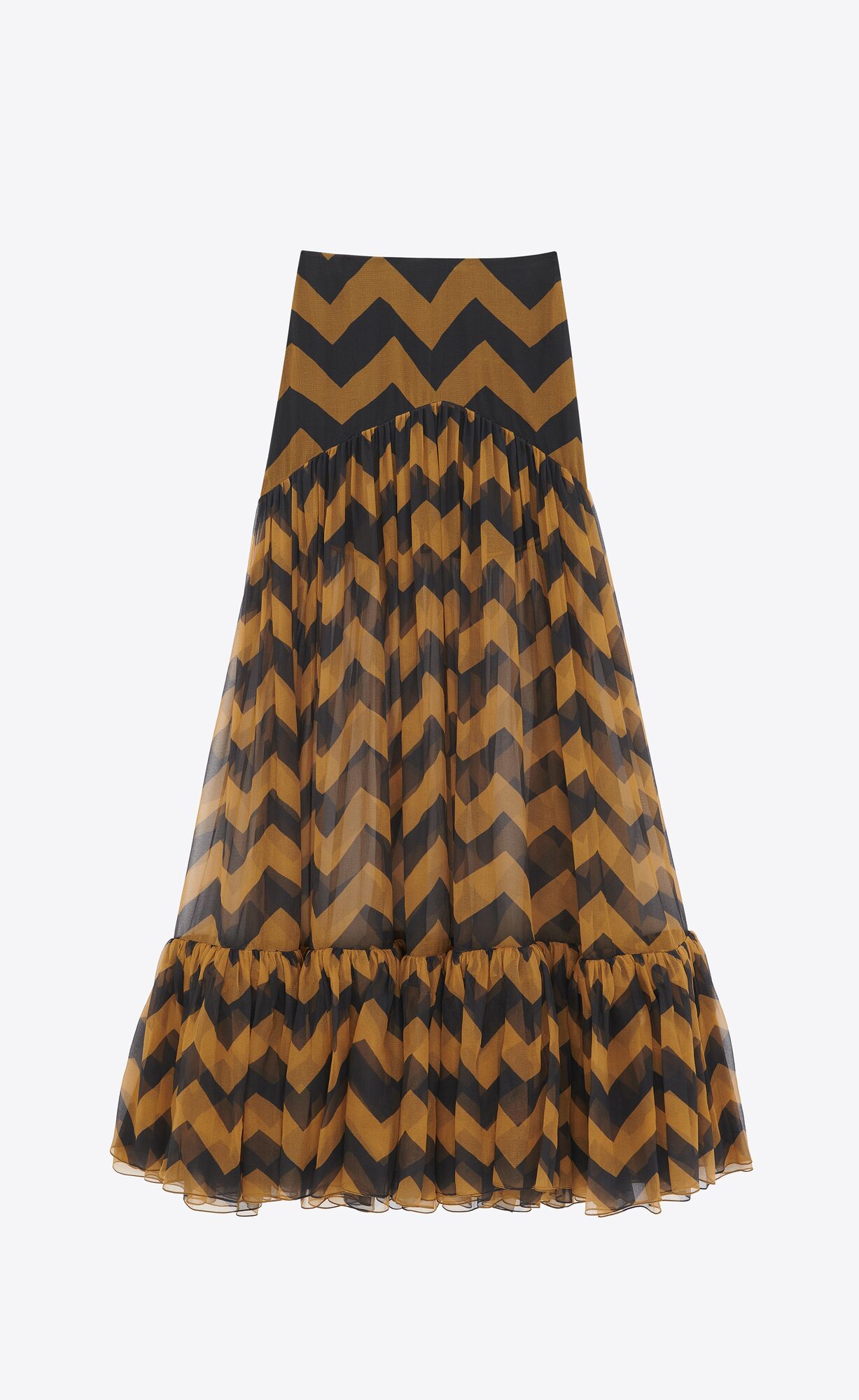 YSL Ruffled Long Skirt In Chevron Silk Paille Et Noir | LFDCN6942