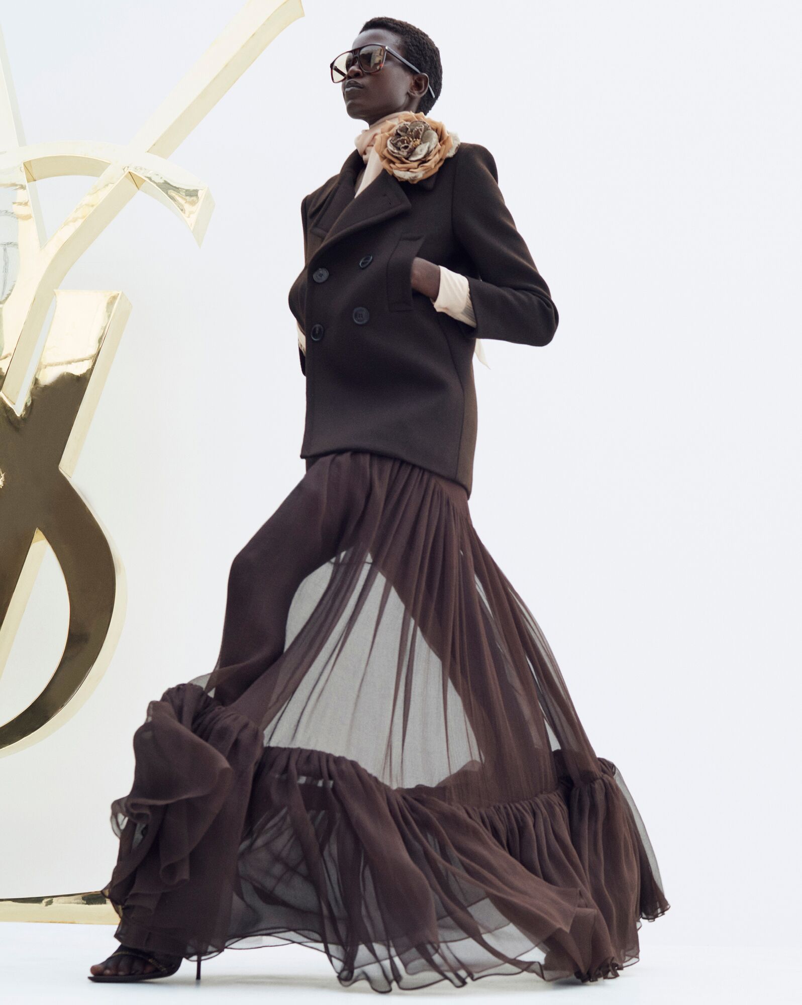 YSL Ruffled Long Skirt In Silk Marron Fonce | YZQNE4150