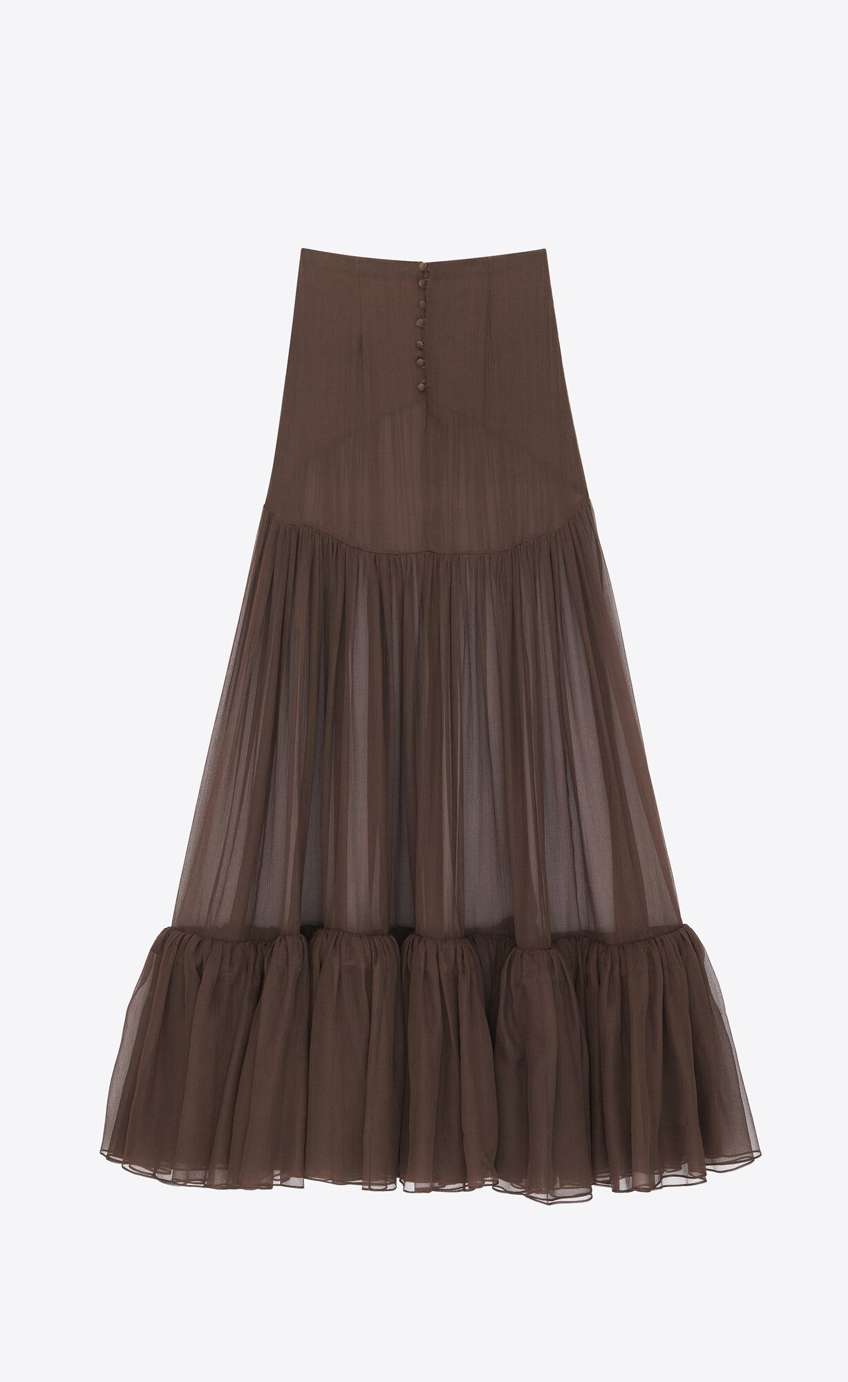 YSL Ruffled Long Skirt In Silk Marron Fonce | YZQNE4150