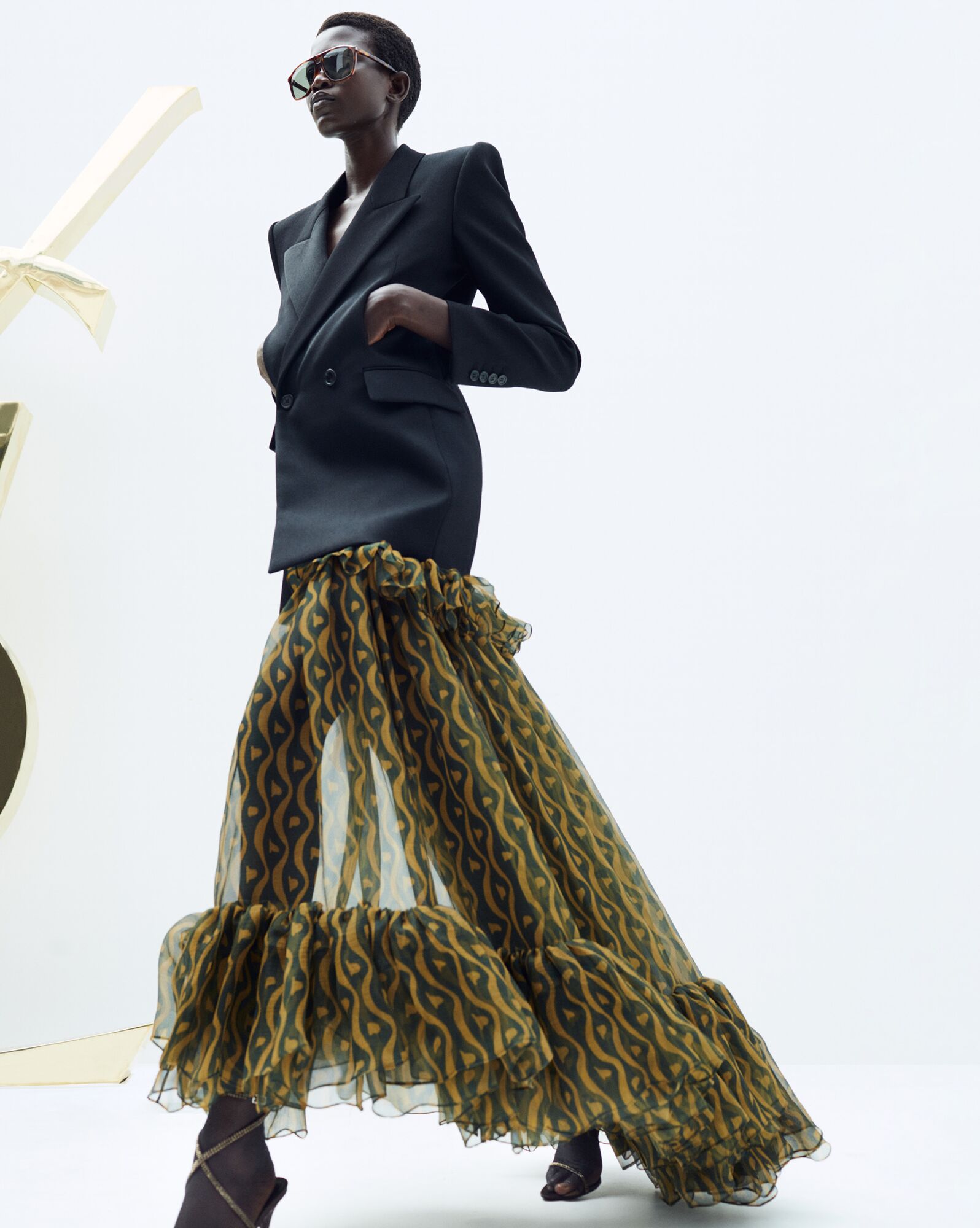 YSL Ruffled Long Skirt In Silk Vert Ocre | EAVYK7561