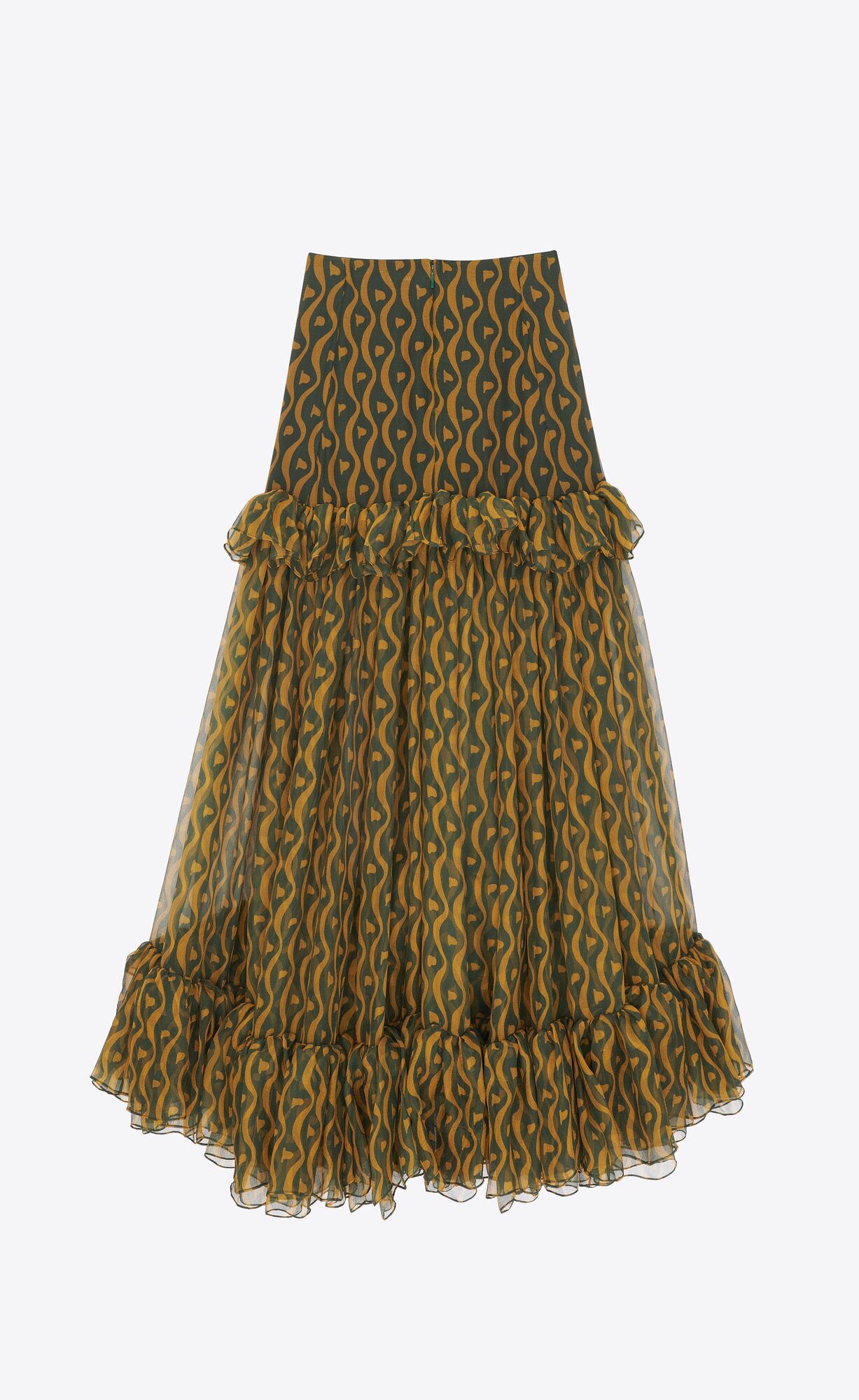 YSL Ruffled Long Skirt In Silk Vert Ocre | EAVYK7561