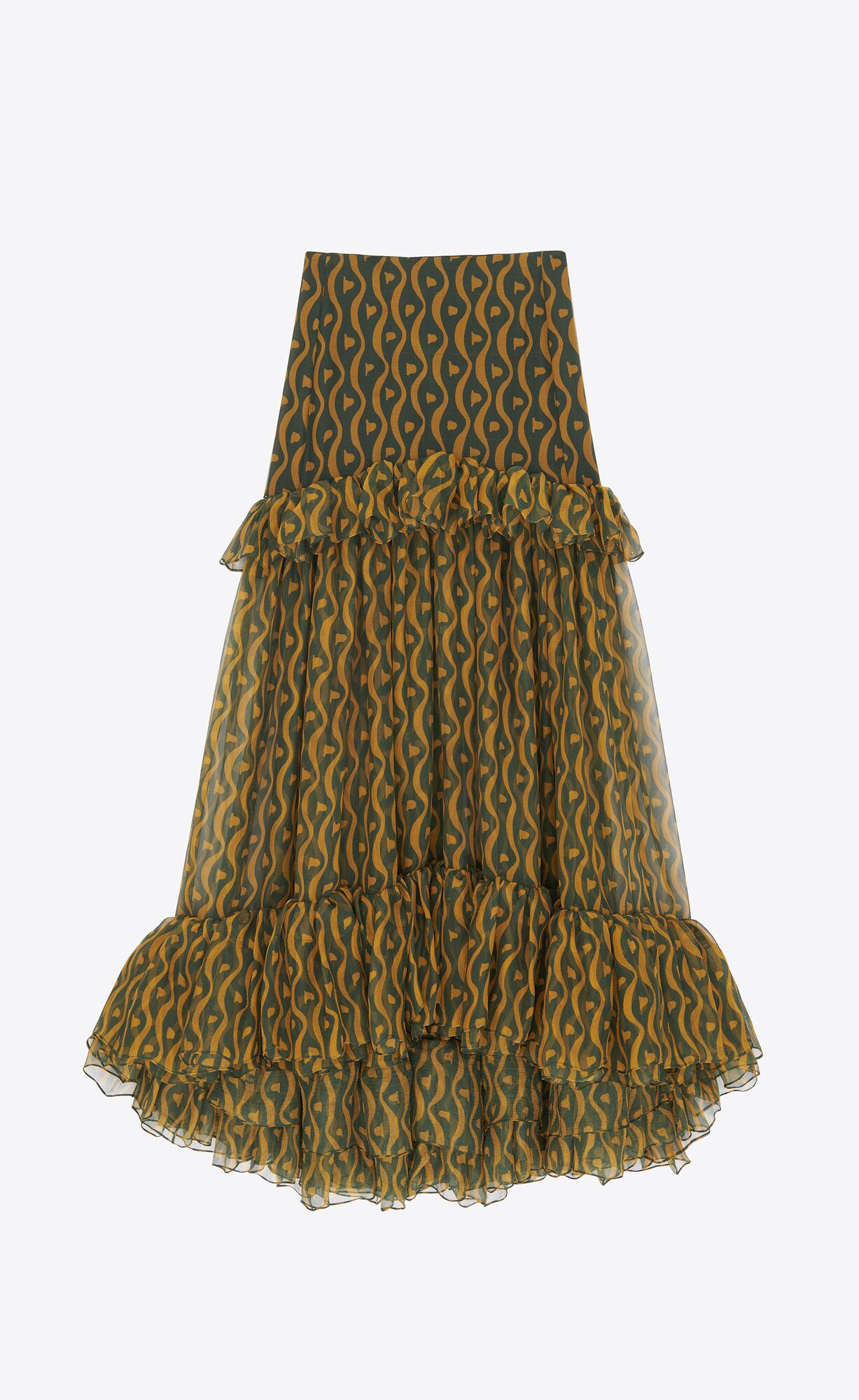 YSL Ruffled Long Skirt In Silk Vert Ocre | EAVYK7561