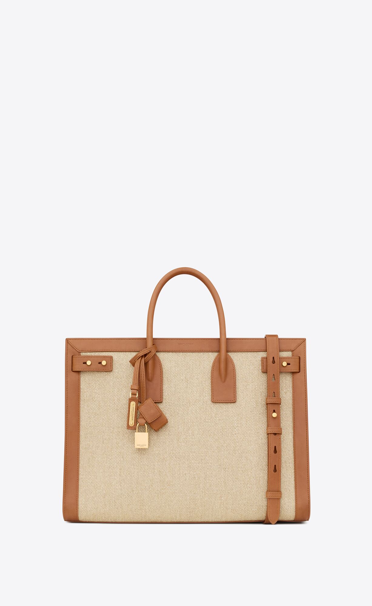 YSL Sac De Jour Thin Large In Linen And Vegetable-tanned Leather Natural And Brick | NVZSD6437