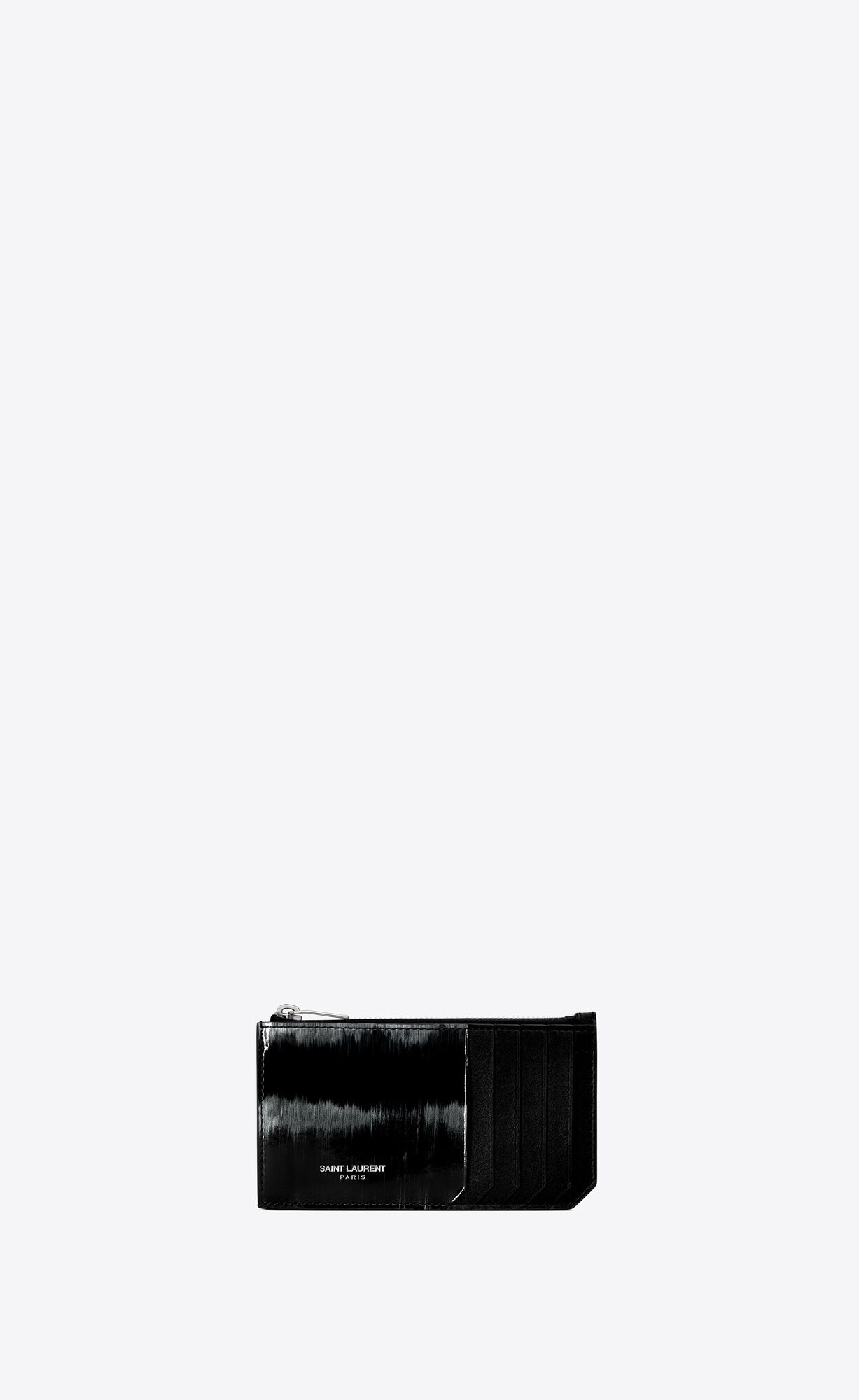 YSL Saint Laurent Paris Fragment Zipped Credit Card Case In Brushed Patent Leather Black And Ivory | SWFUE3082