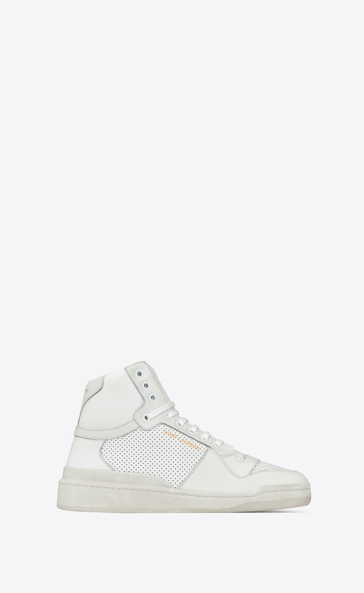 YSL Sl24 Mid-top Sneakers In Used-look Perforated Leather Optic White | JDWHB9516