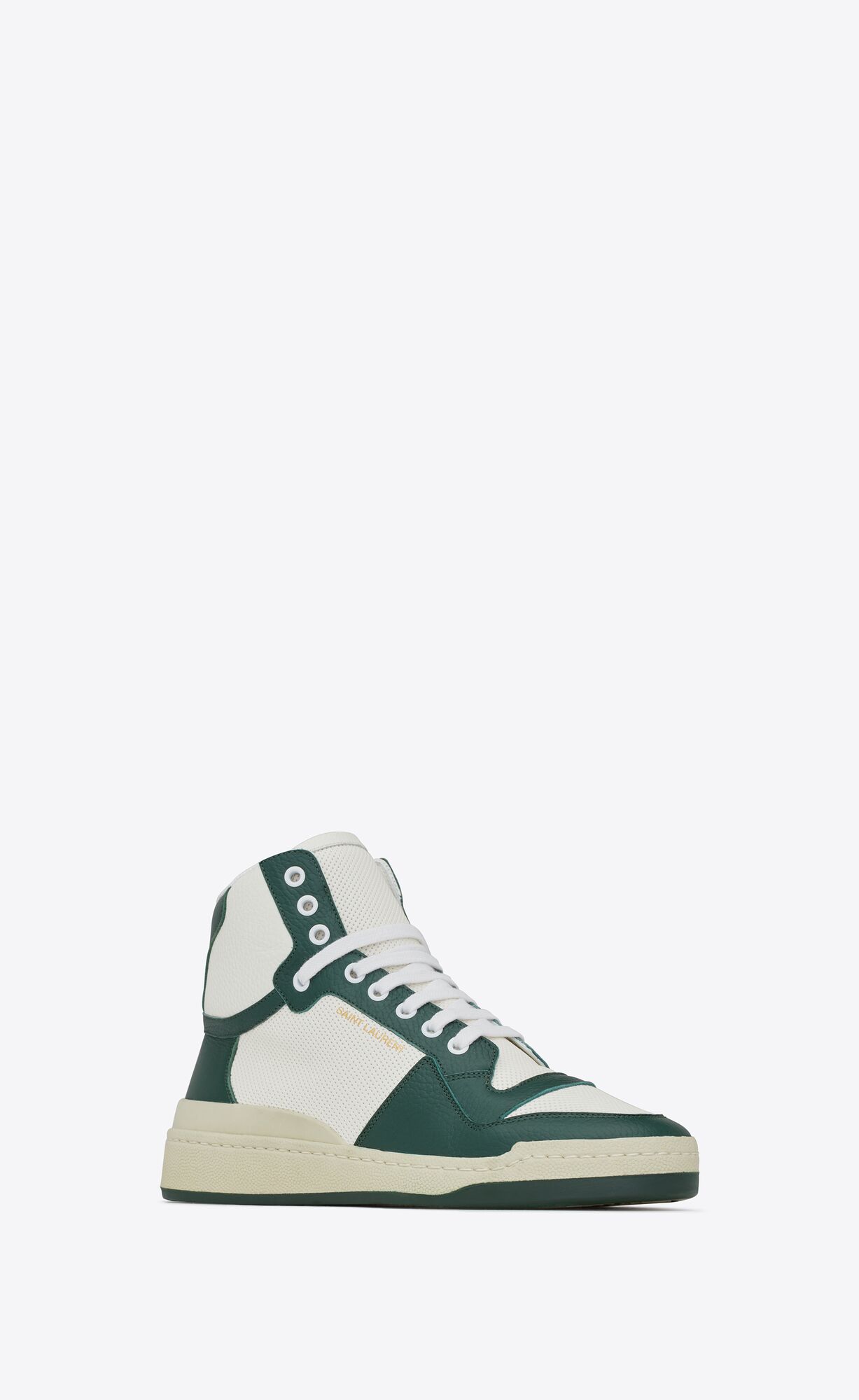 YSL Sl/24 Mid-top Sneakers In Smooth And Perforated Leather White And Dark Green | FYDLE6352