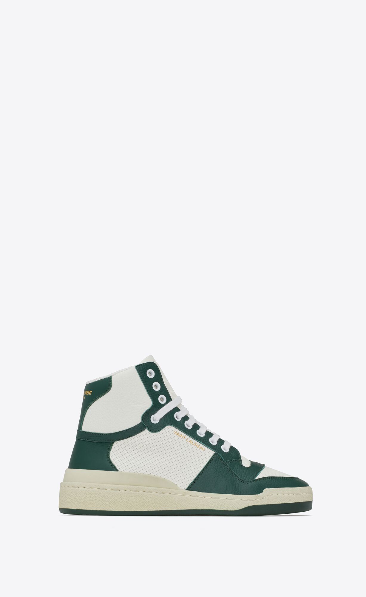 YSL Sl/24 Mid-top Sneakers In Smooth And Perforated Leather White And Dark Green | FYDLE6352