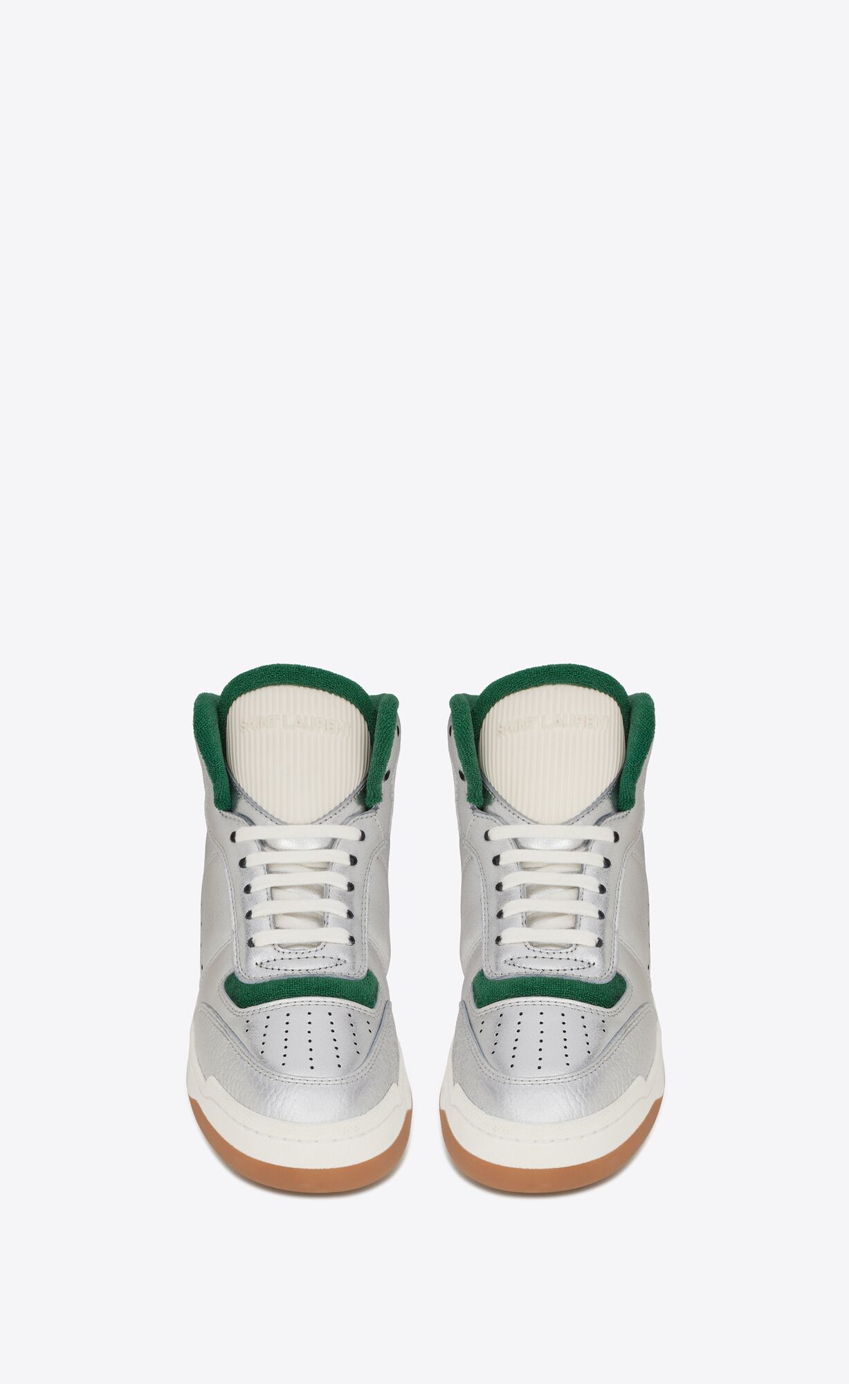 YSL Sl/80 Mid-top Sneakers In Metallic And Smooth Leather Argent Et Dark Emerald Green | LZPIQ9103