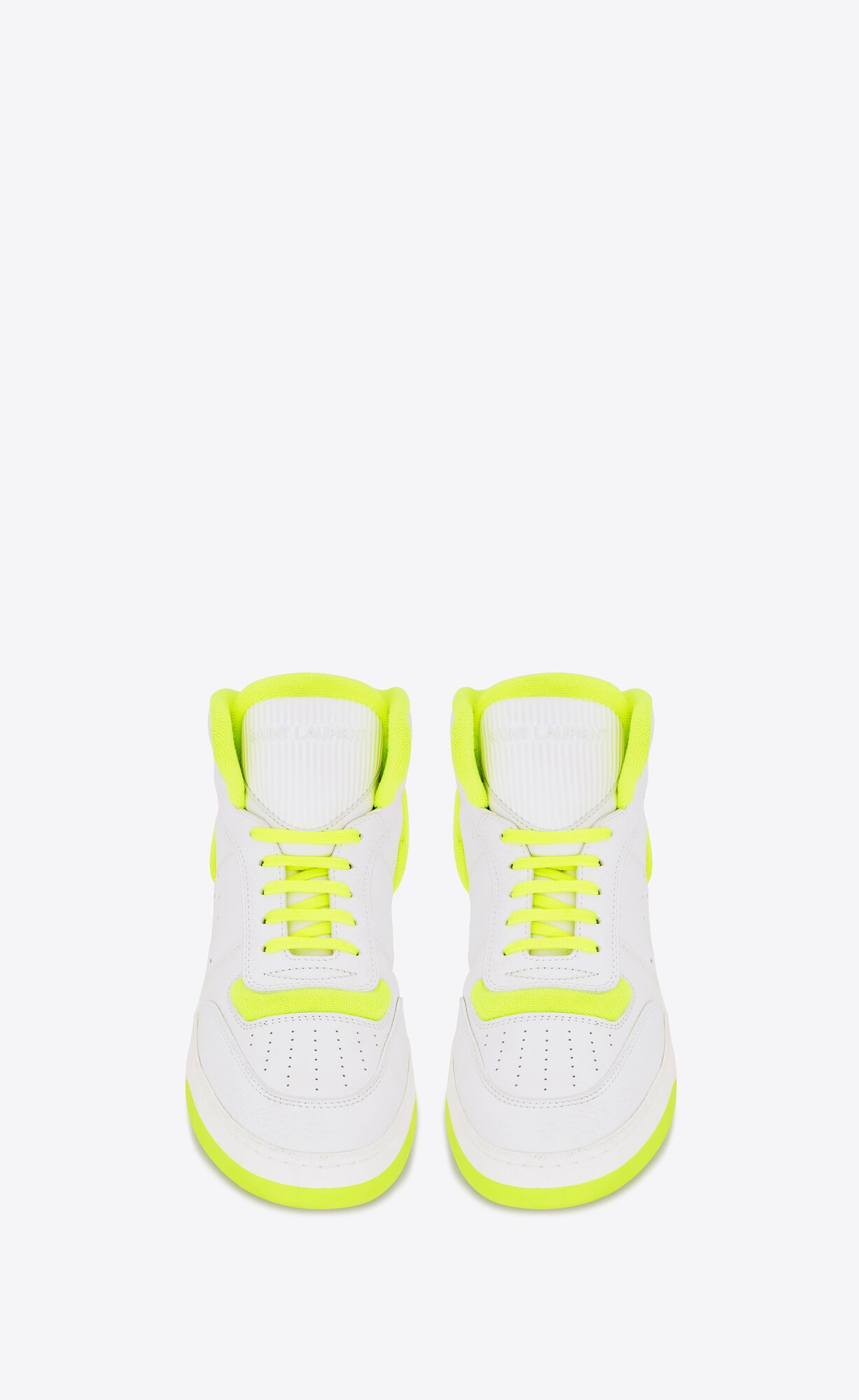 YSL Sl/80 Mid-top Sneakers In Smooth And Grained Leather Blanc Optique Et Jaune Fluo | FDOBP0921