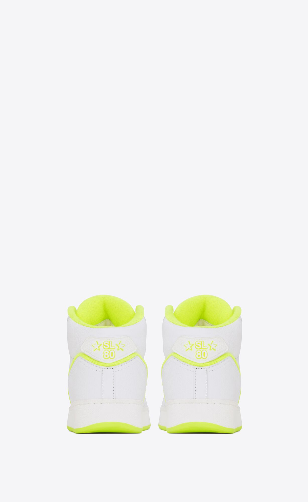 YSL Sl/80 Mid-top Sneakers In Smooth And Grained Leather Blanc Optique Et Jaune Fluo | FDOBP0921