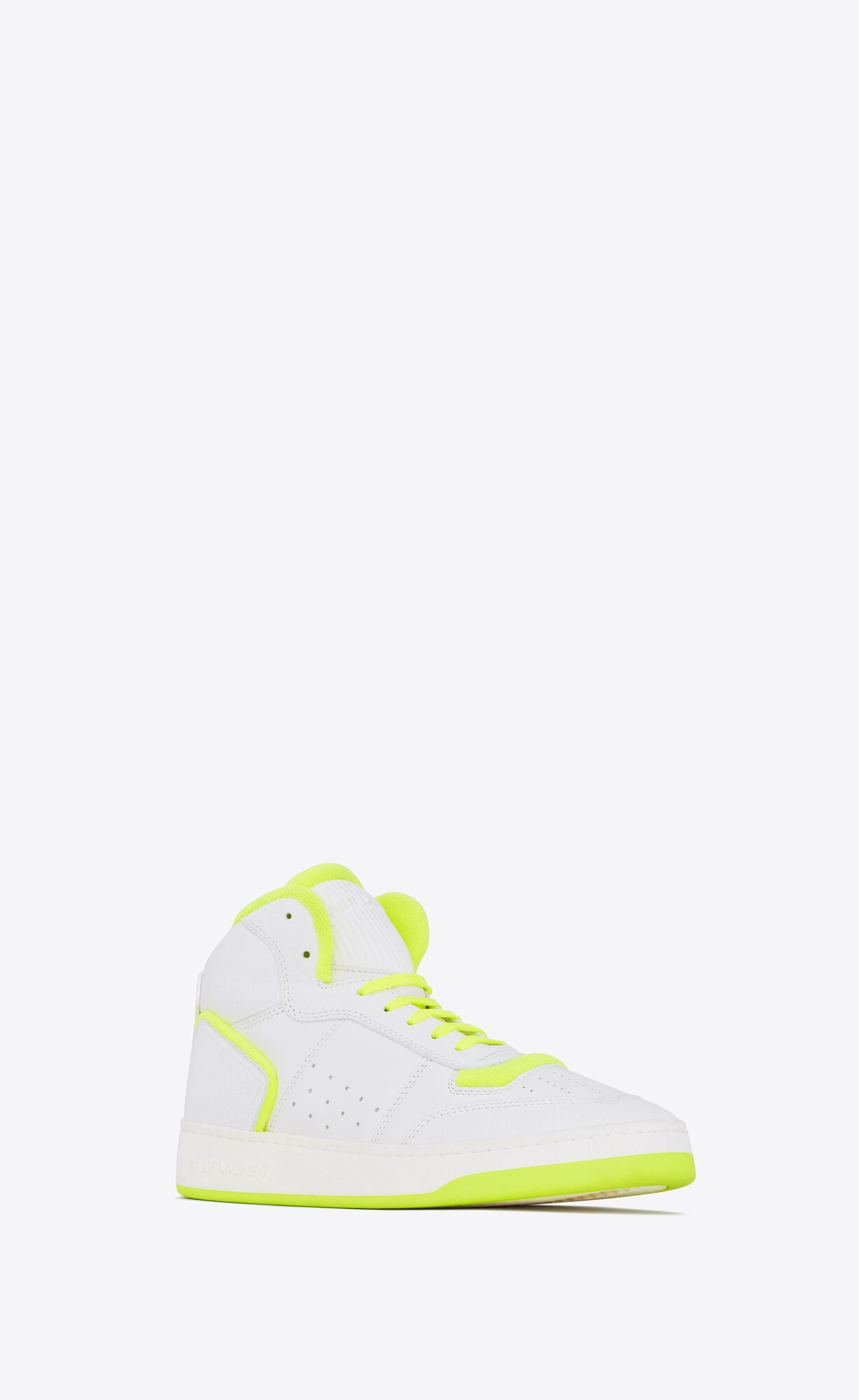 YSL Sl/80 Mid-top Sneakers In Smooth And Grained Leather Blanc Optique Et Jaune Fluo | FDOBP0921