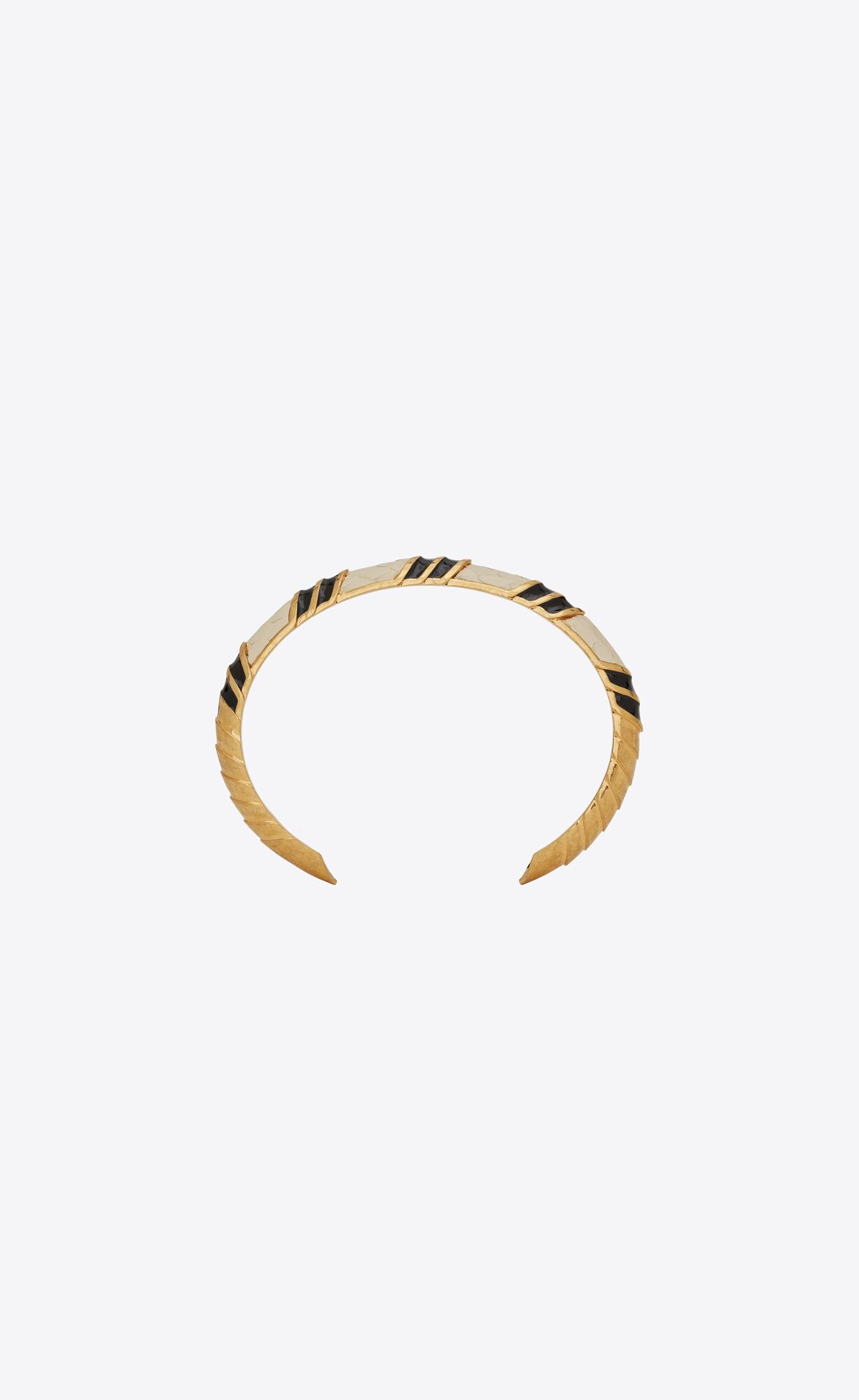 YSL Snake Textured Cuff Bracelet In Metal, Leather And Enamel Aged Brass Gold, Cream And Black | AWVFX0782