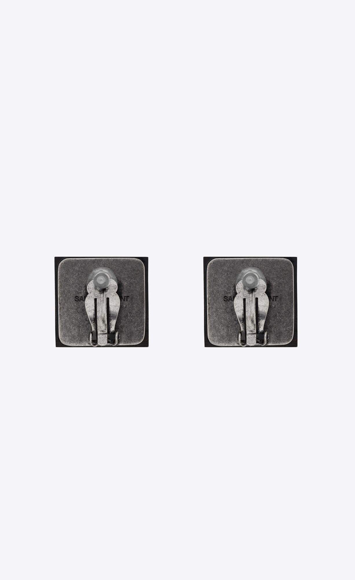 YSL Square Rhinestone Earrings In Wood And Metal Oxidised Silver And Black | VEOBL9047