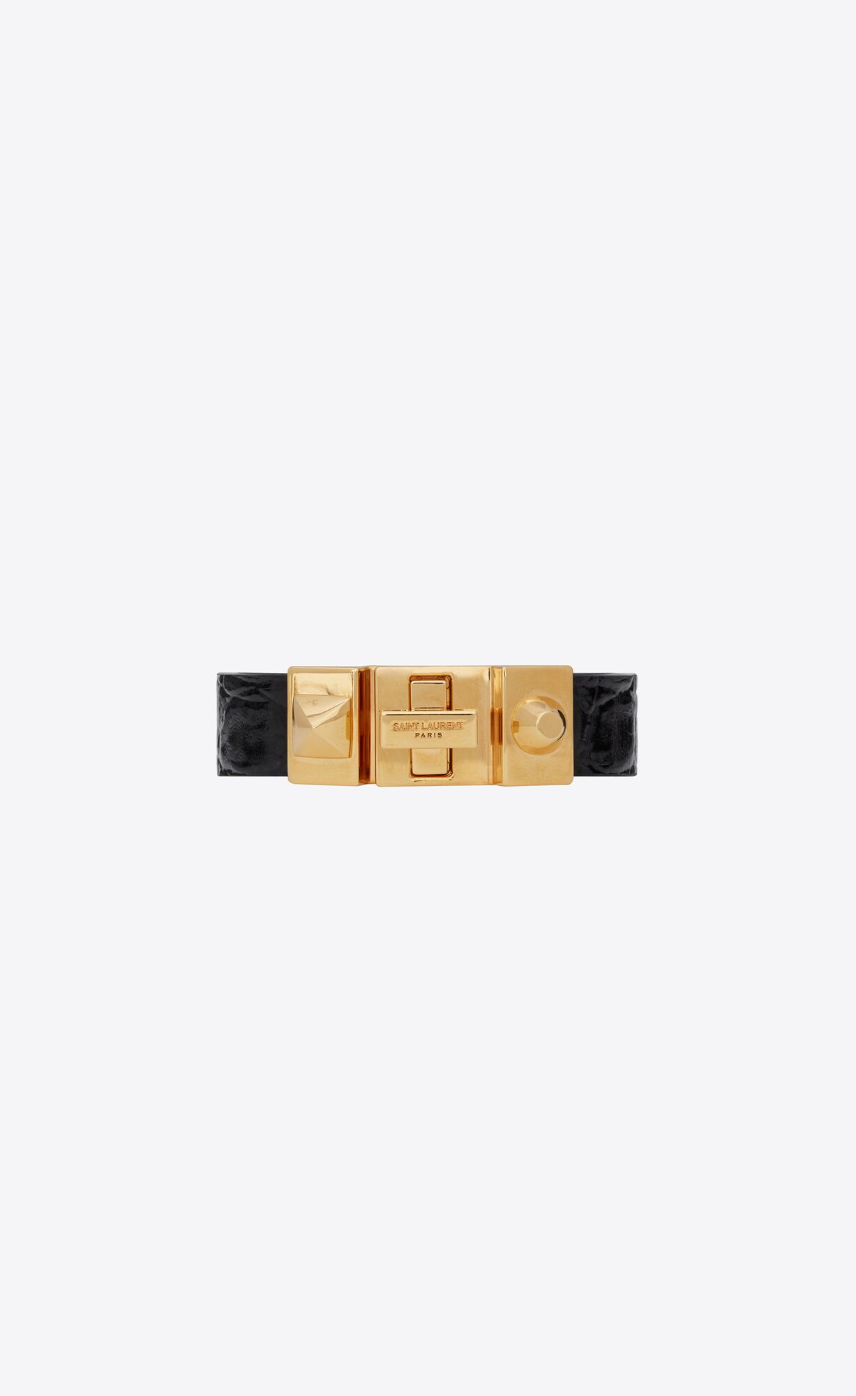 YSL Studded Closure Bracelet In Crocodile-embossed Leather And Metal Black And Antique Gold | VAFET2460