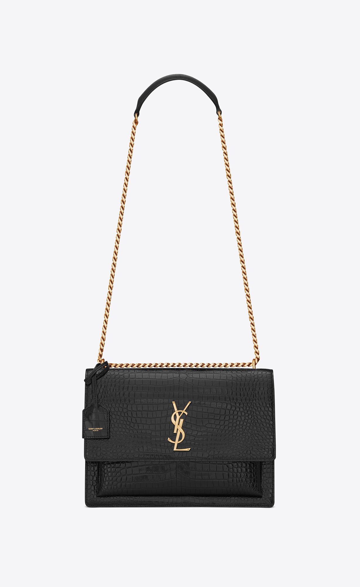 YSL Sunset Large Chain Bag In Crocodile-embossed Shiny Leather Noir | IALJT7856