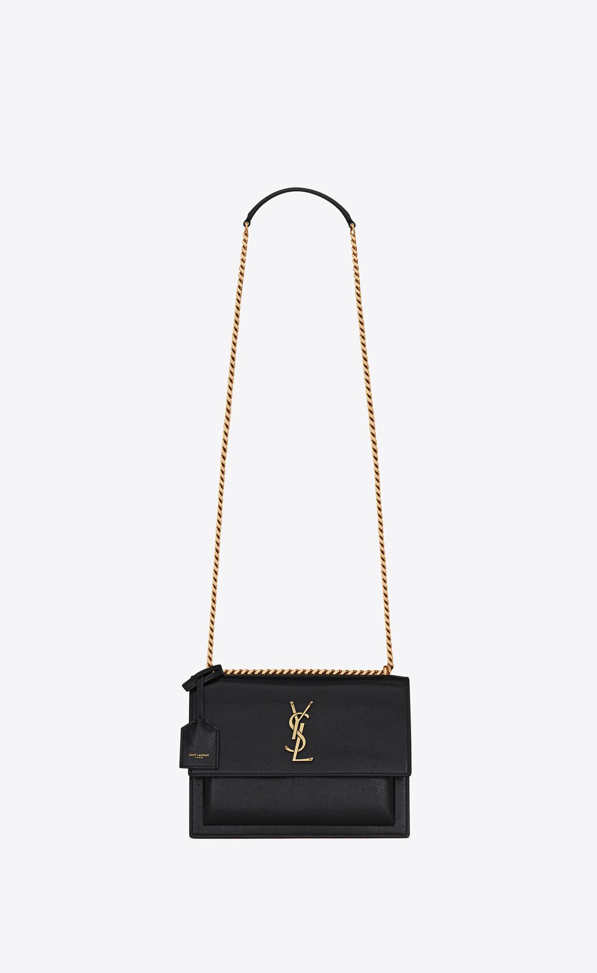 YSL Sunset Medium Chain Bag In Coated Bark Leather Noir | XUOVG6351