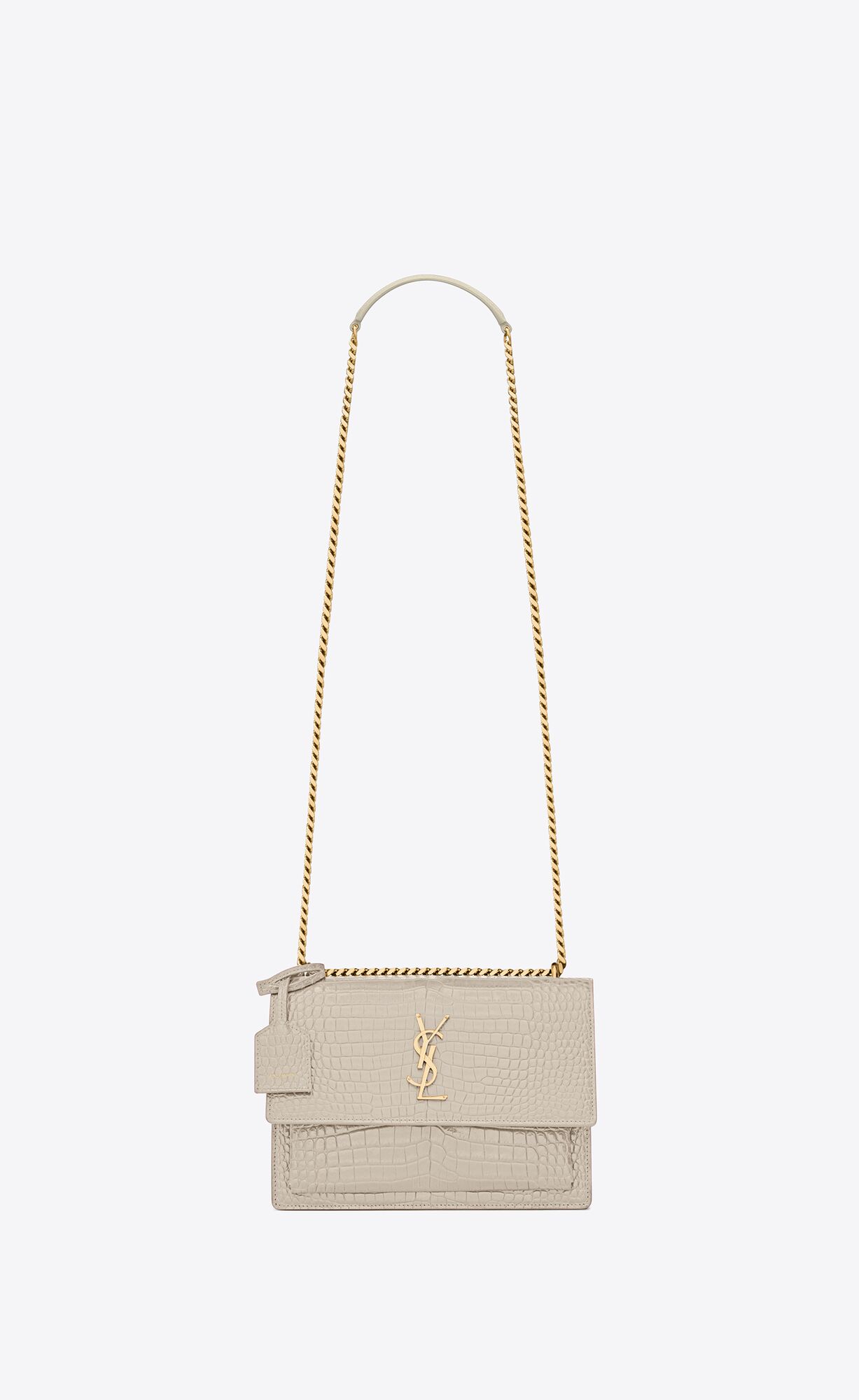 YSL Sunset Medium Chain Bag In Crocodile-embossed Shiny Leather Blanc Vintage | DRCGT6038