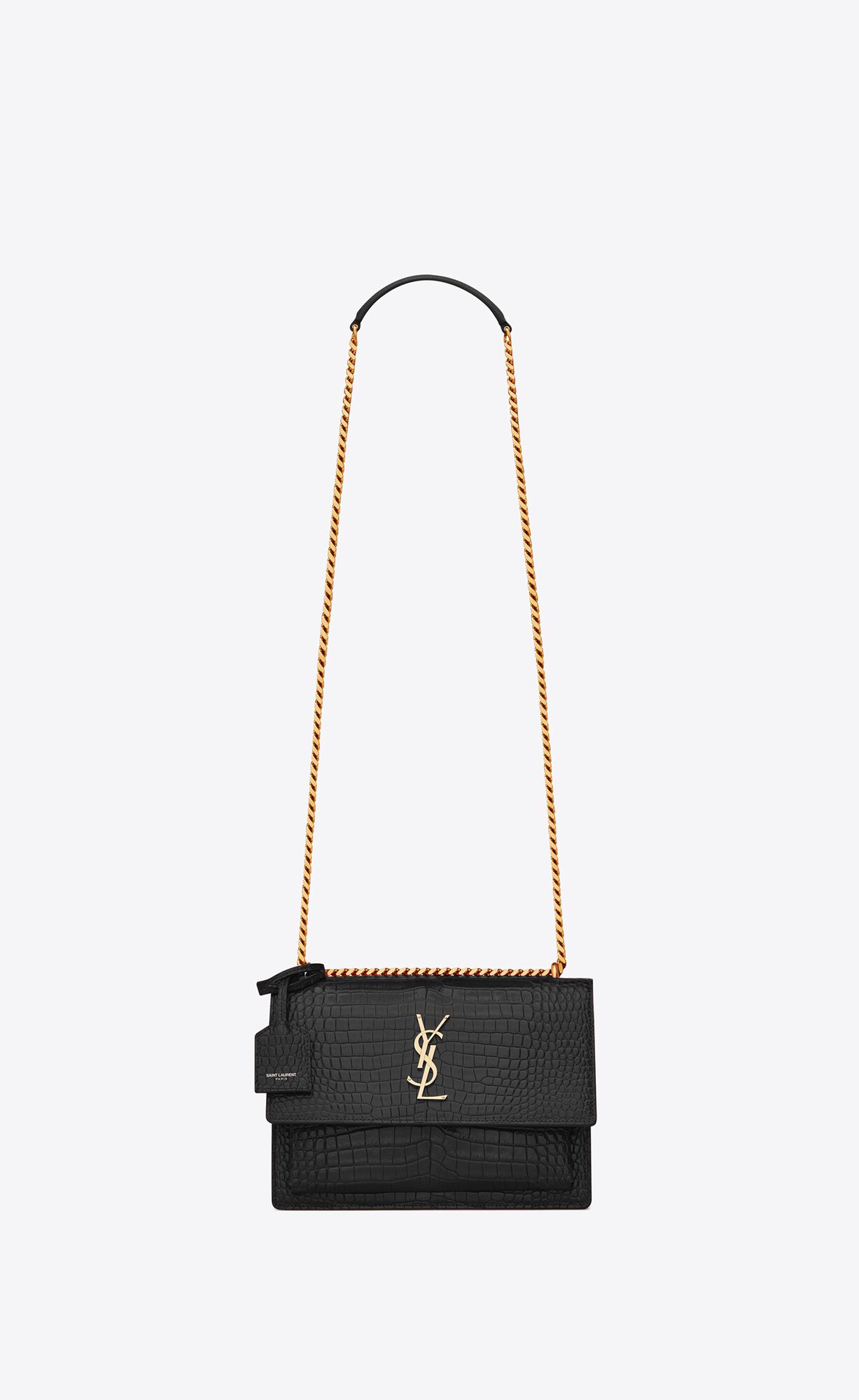 YSL Sunset Medium Chain Bag In Crocodile-embossed Shiny Leather Noir | NLYQT0487