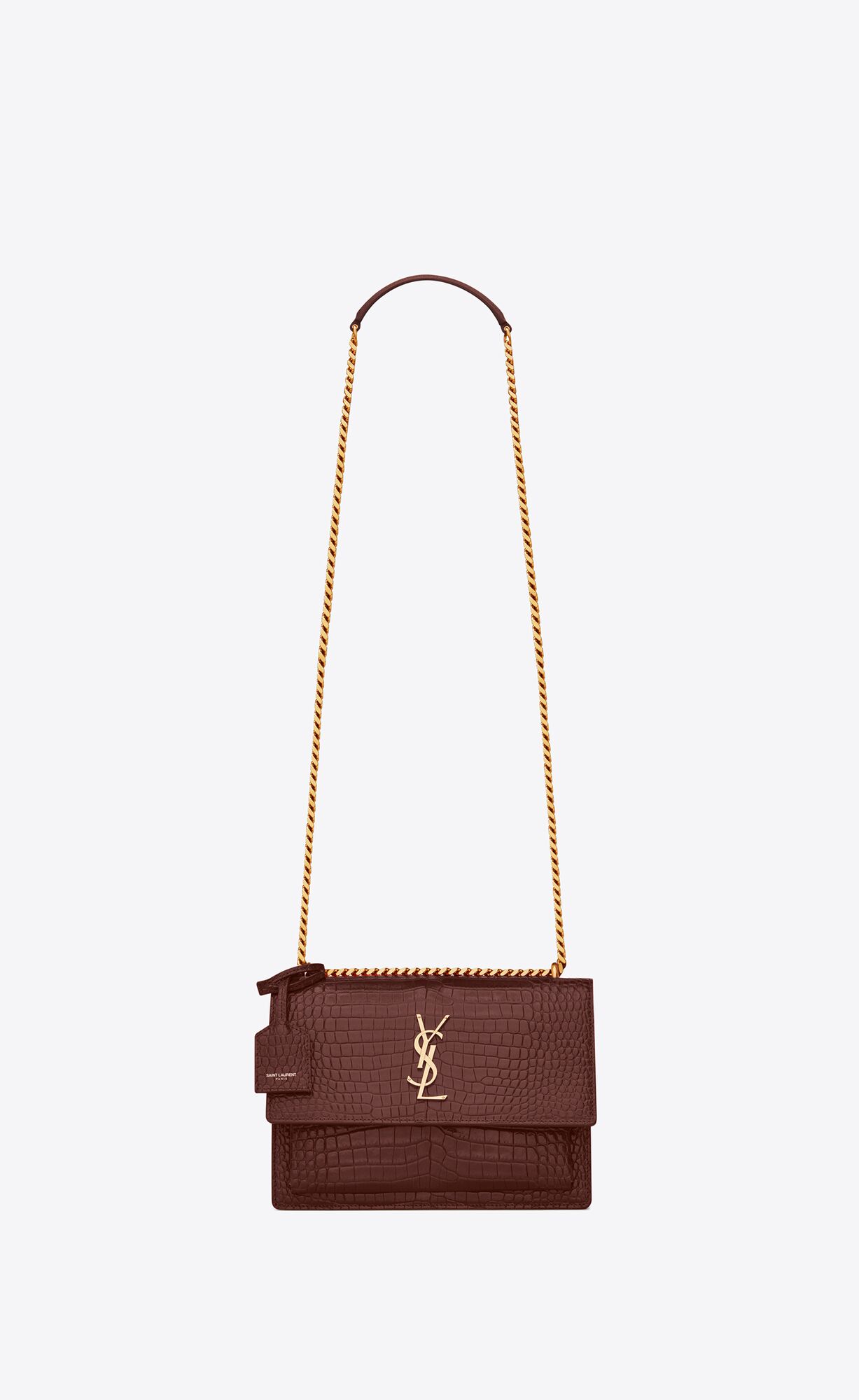 YSL Sunset Medium Chain Bag In Crocodile-embossed Shiny Leather Red Velvet | ZBAOF8947