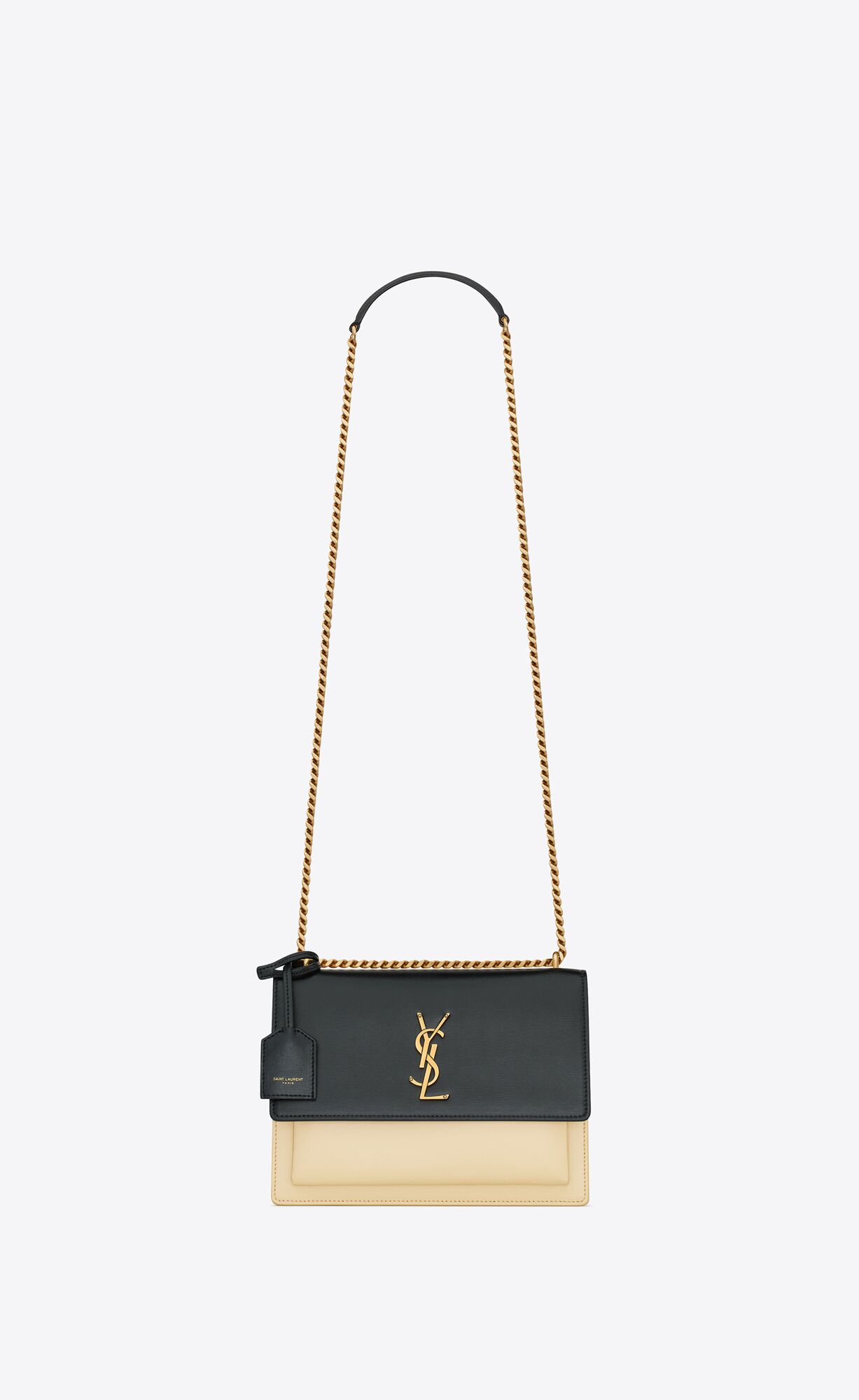 YSL Sunset Medium Chain Bag In Smooth Leather Black And Off White | UNTKY4782