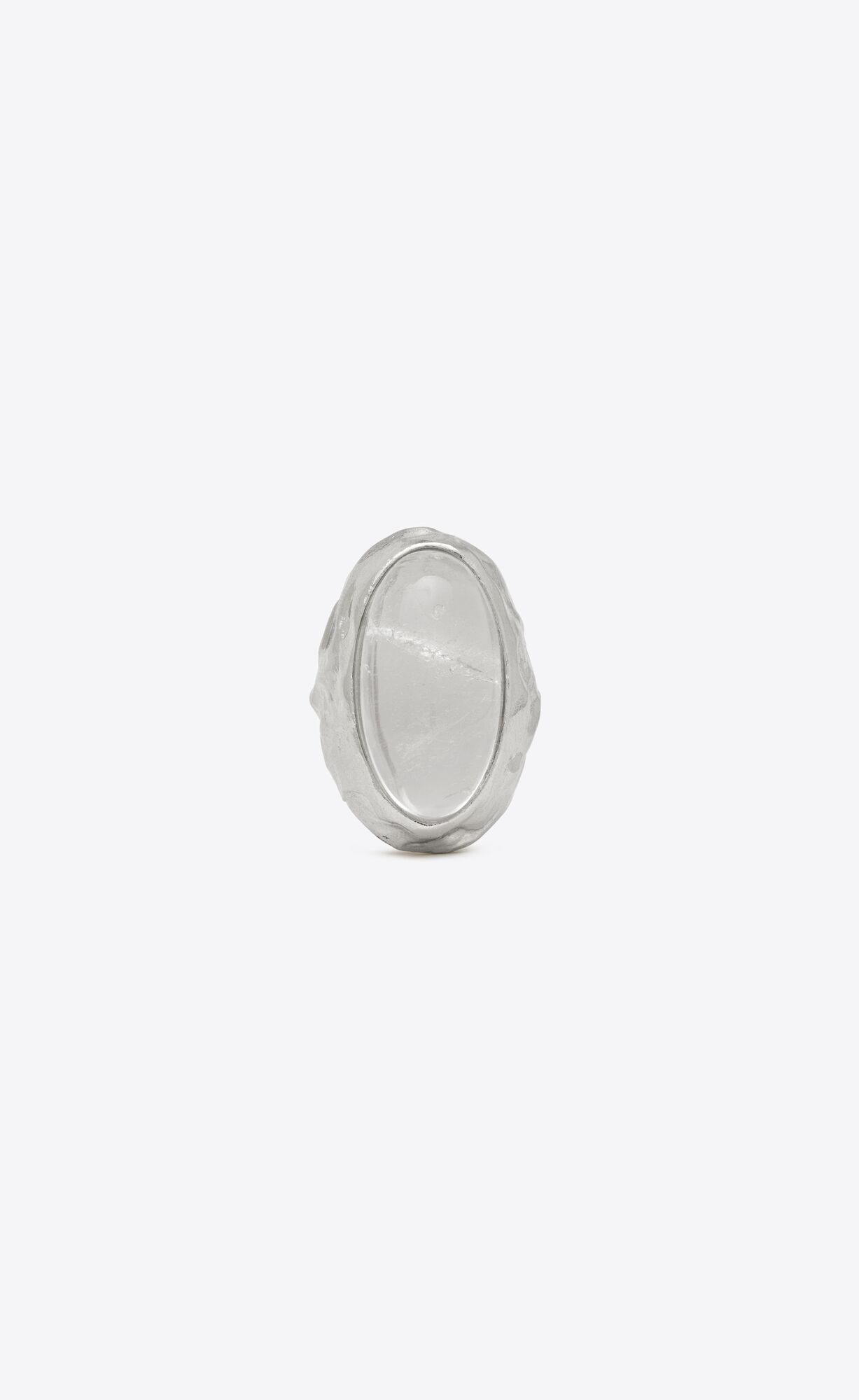 YSL Textured Oval Cabochon Ring In Metal And Rock Crystal Oxidized Silver And Crystal | XDECV4937