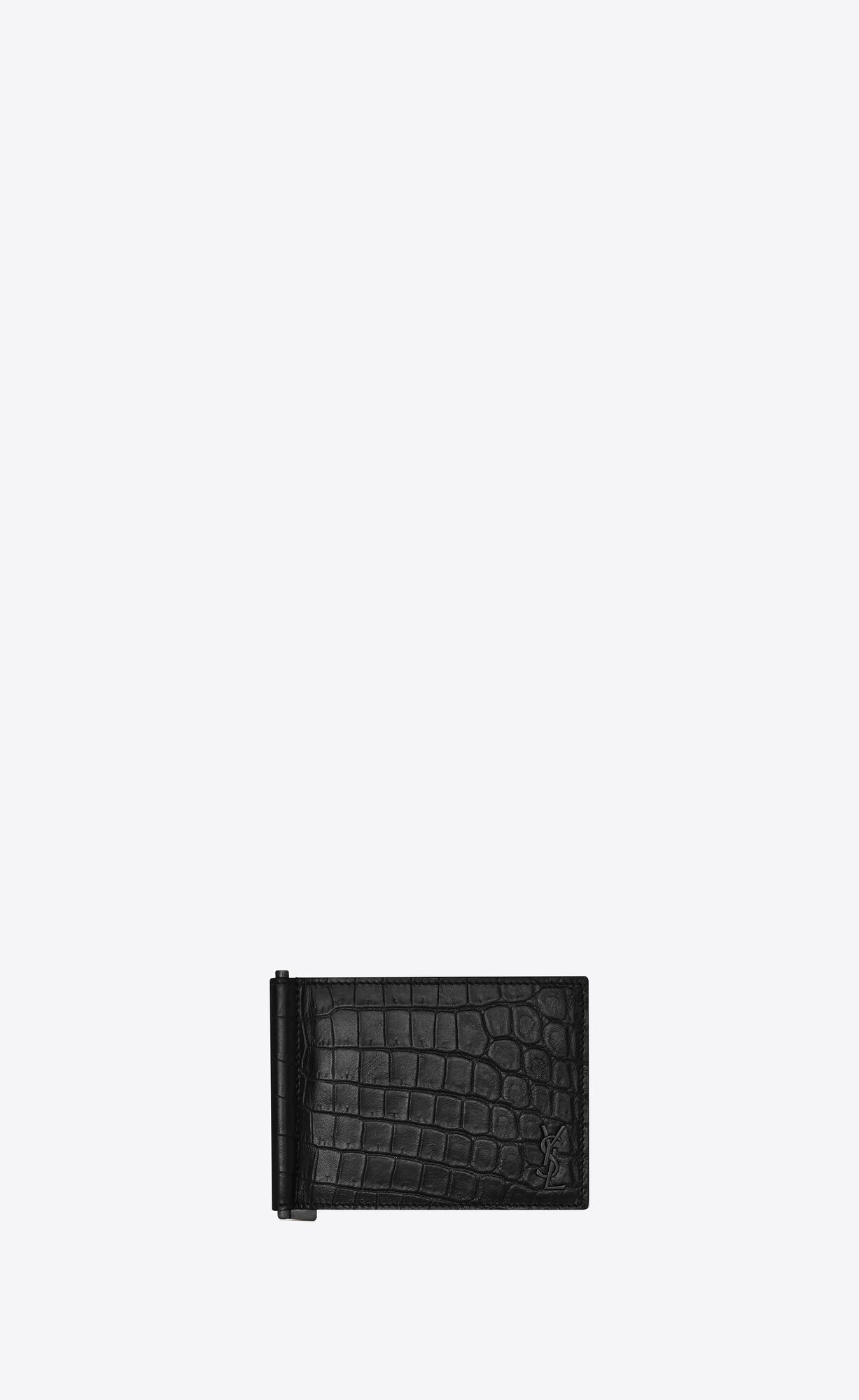 YSL Tiny Cassandre Bill Clip Wallet In Crocodile-embossed Leather Black | NGBSF7568