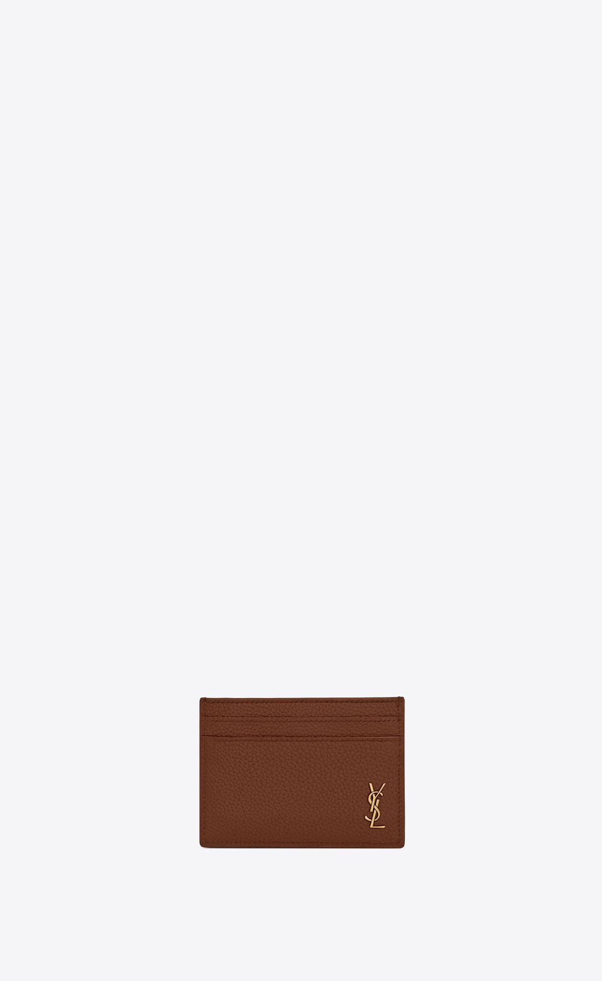 YSL Tiny Cassandre Credit Card Case In Grained Leather Toasted Brown | OARKG4891