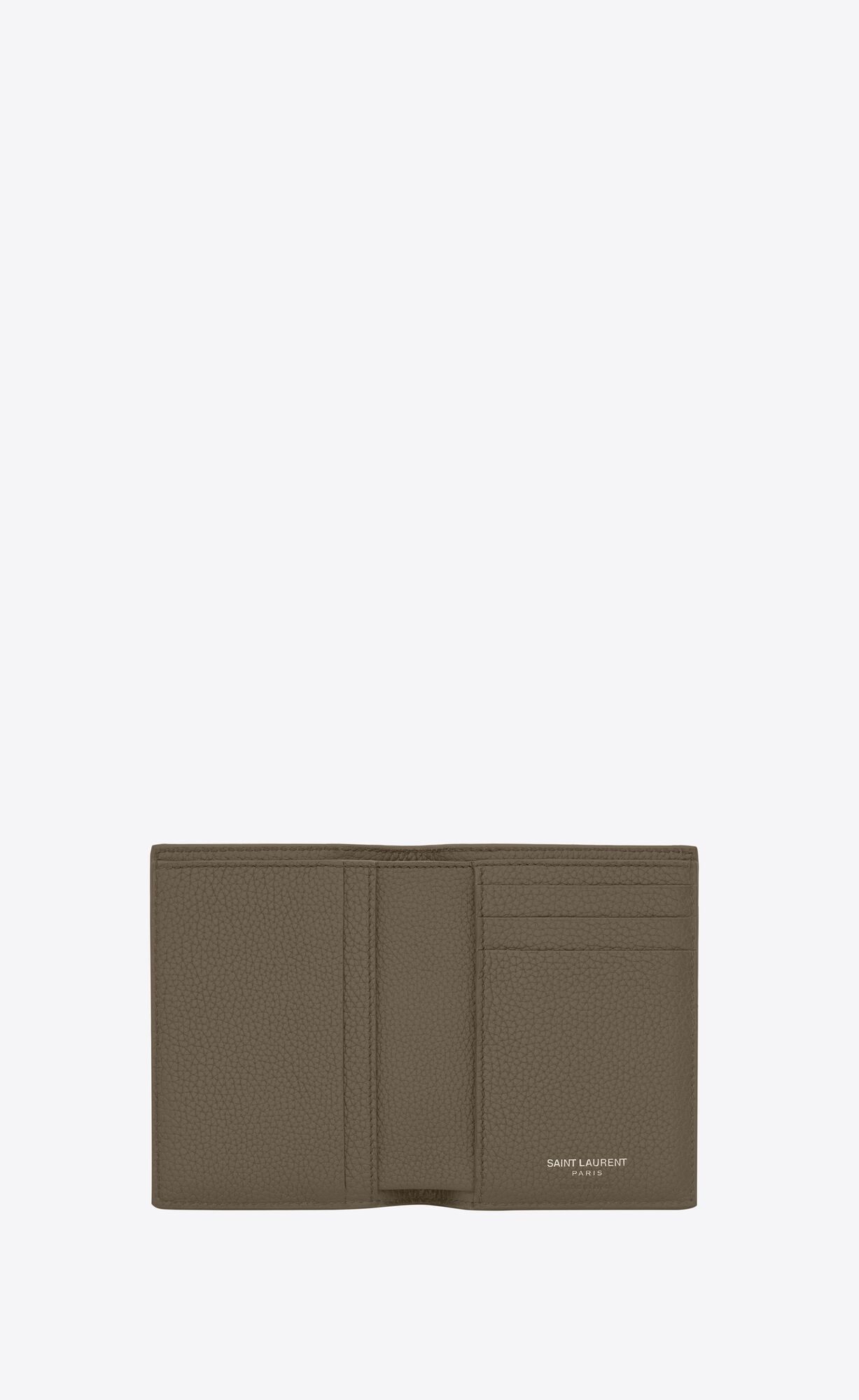 YSL Tiny Cassandre Credit Card Wallet In Grained Leather Dark Khaki | BQSAG8324