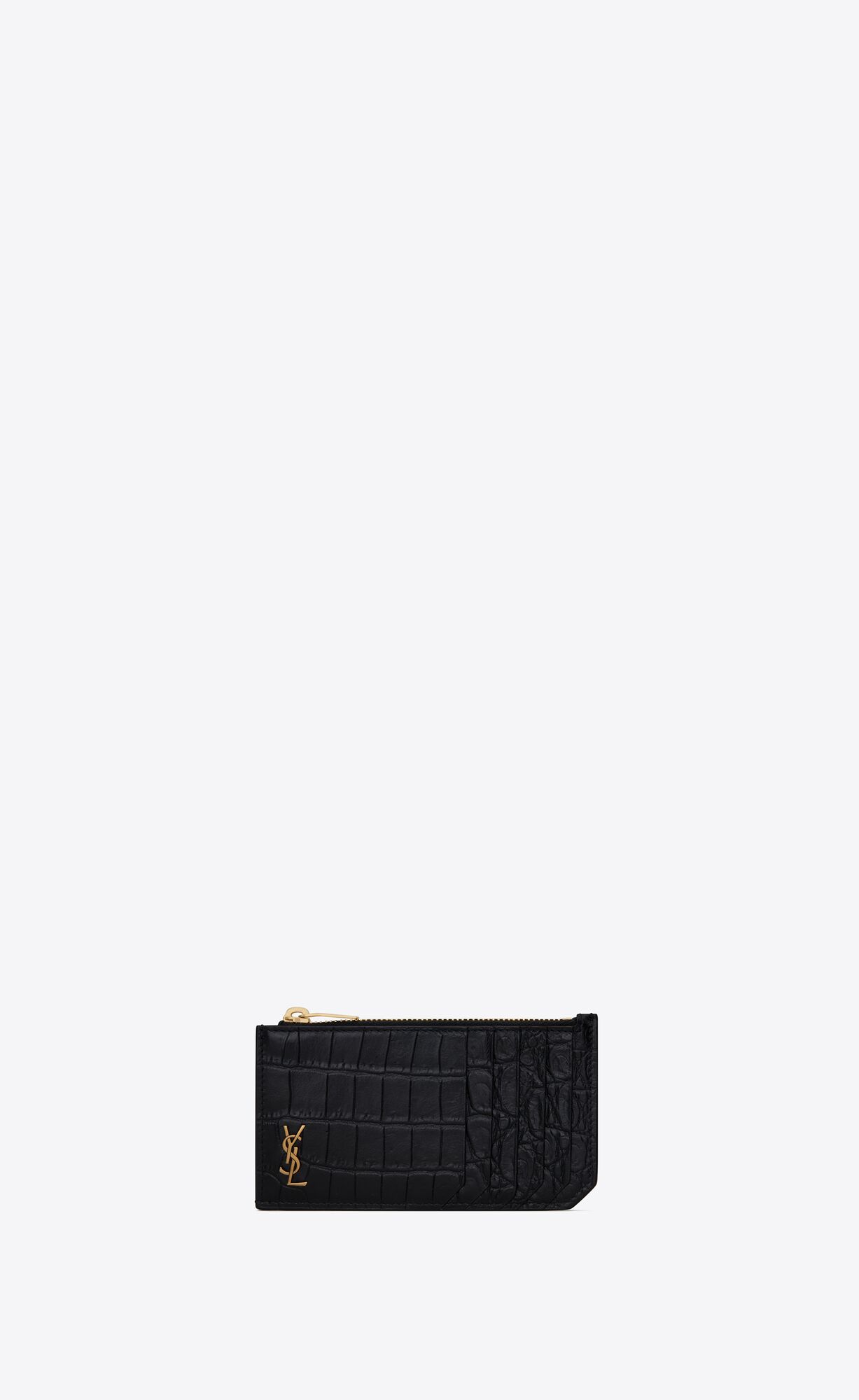 YSL Tiny Cassandre Fragments Zip Card Case In Crocodile-embossed Matte Leather Black | OLVNI2150