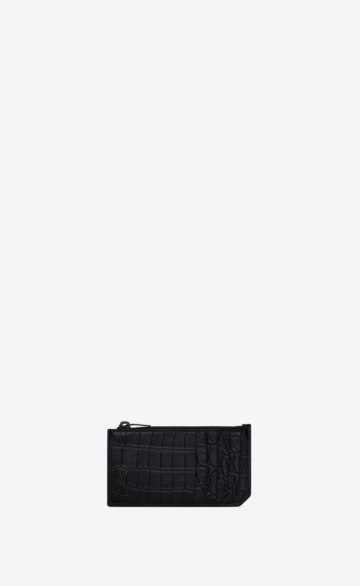 YSL Tiny Cassandre Fragments Zip Card Case In Crocodile-embossed Leather Black | RPKIQ6245