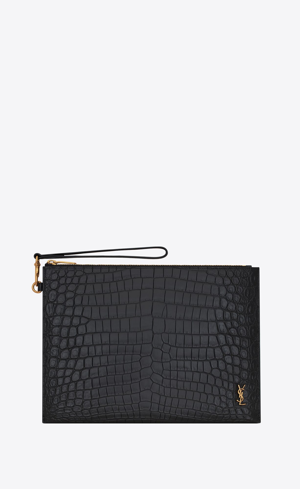 YSL Tiny Cassandre Zip Tablet Holder In Crocodile-embossed Leather Noir | QEOAH0925