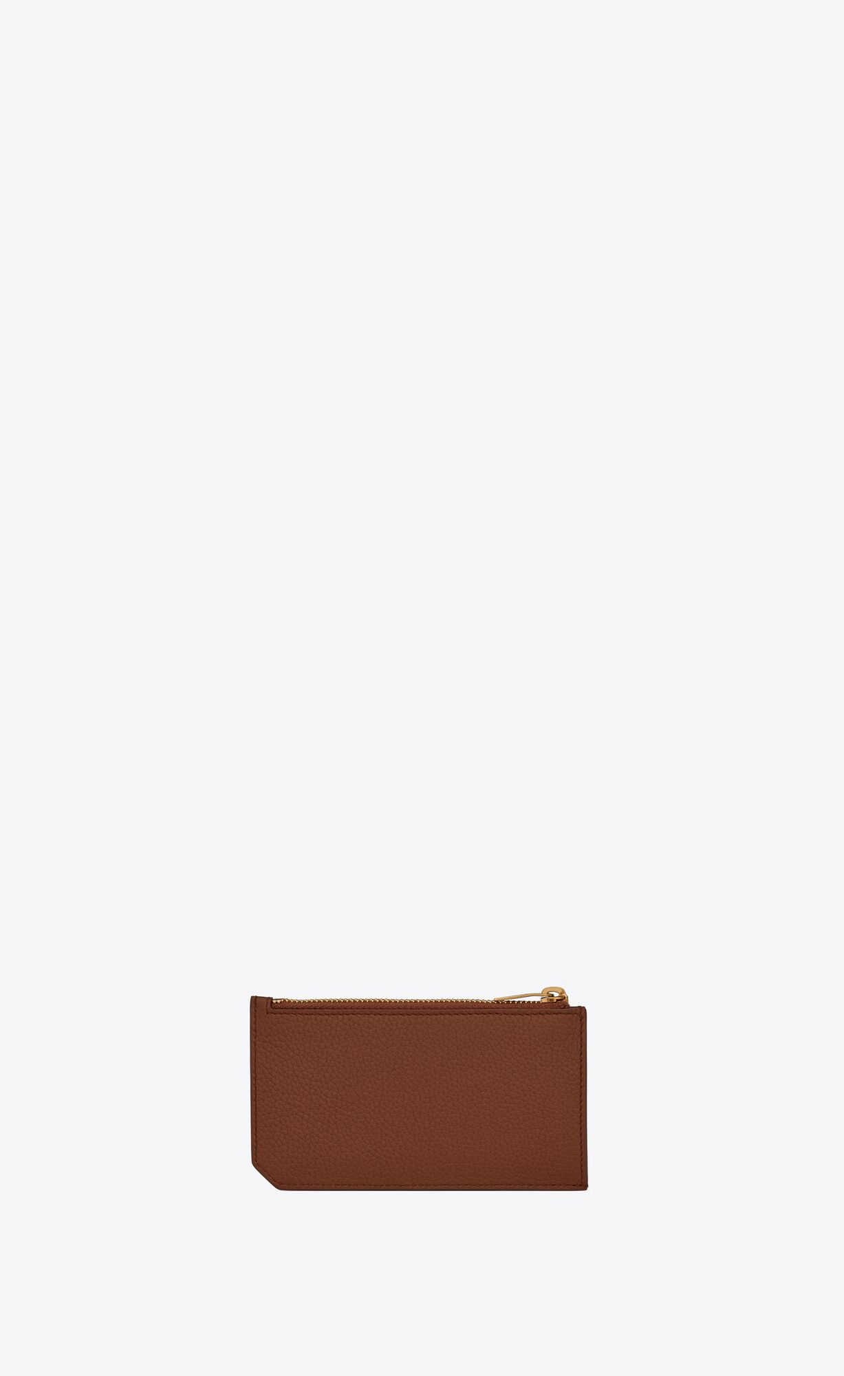 YSL Tiny Cassandre Zipped Fragments Credit Card Case In Grained Leather Toasted Brown | OFKMH1086