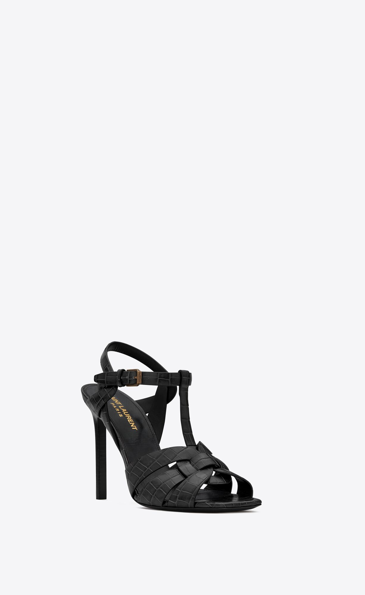 YSL Tribute Sandals In Crocodile-embossed Shiny Leather Black | QRTJF8016