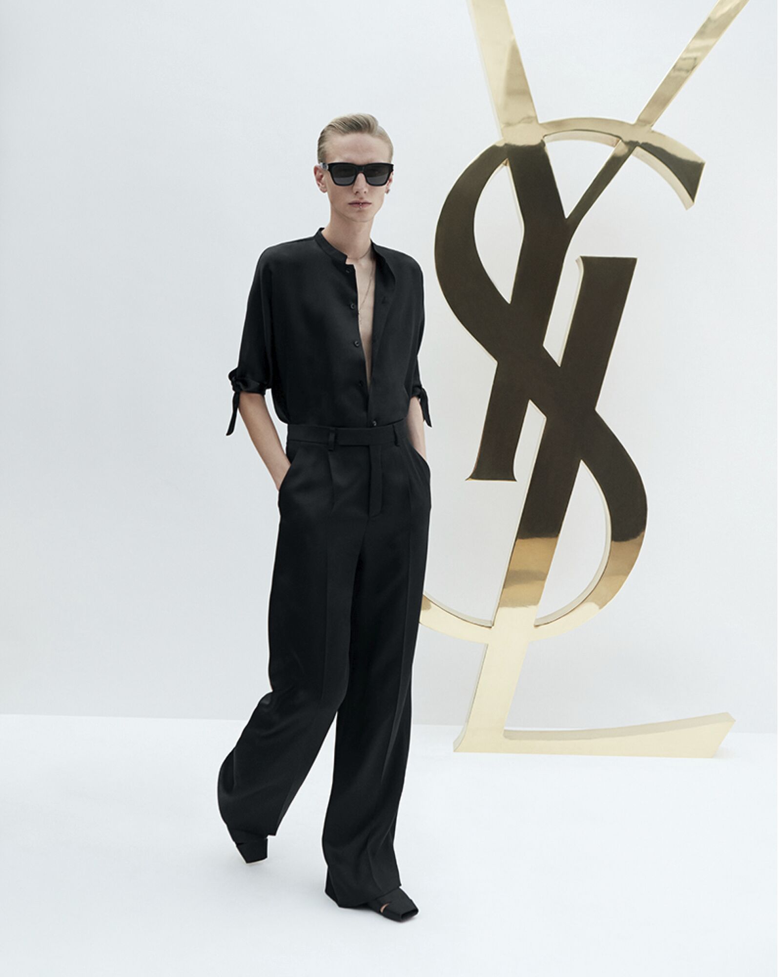 YSL Tunic Shirt In Crepe Satin Black | ERLON2619