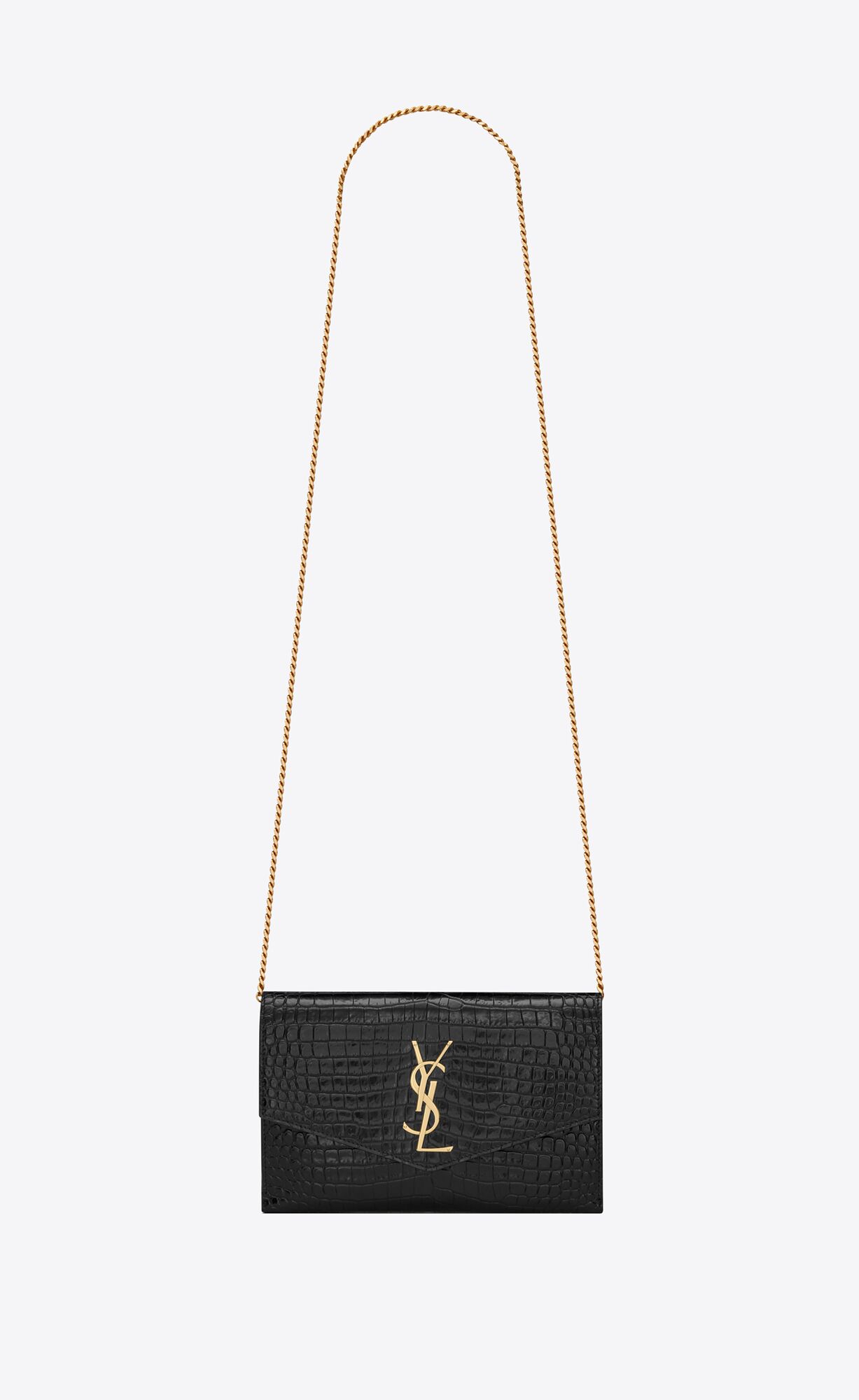 YSL Uptown Chain Wallet In Crocodile-embossed Shiny Leather Noir | EGTNP9401