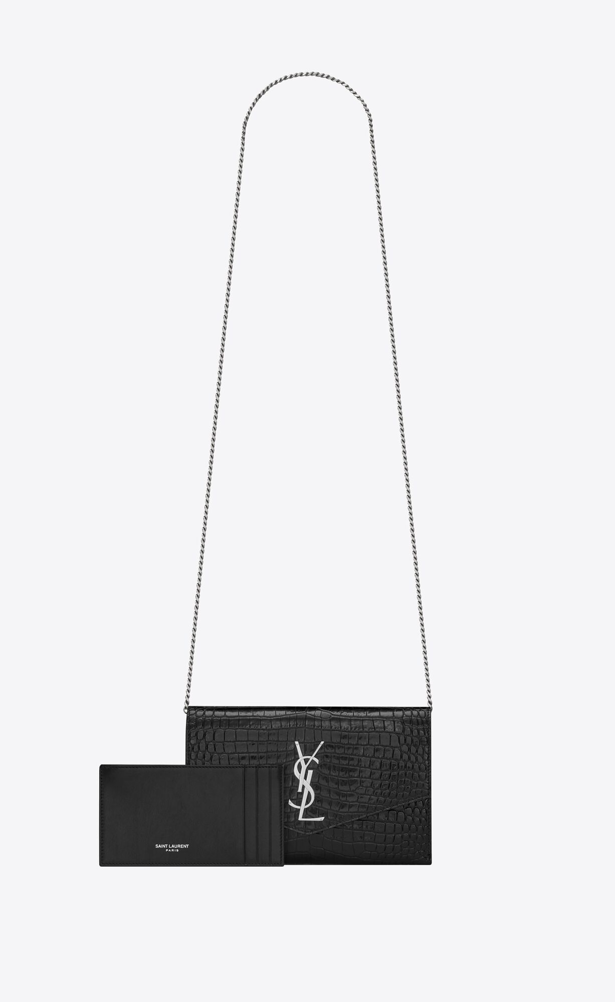 YSL Uptown Chain Wallet In Crocodile-embossed Shiny Leather Black | VEAIS6350