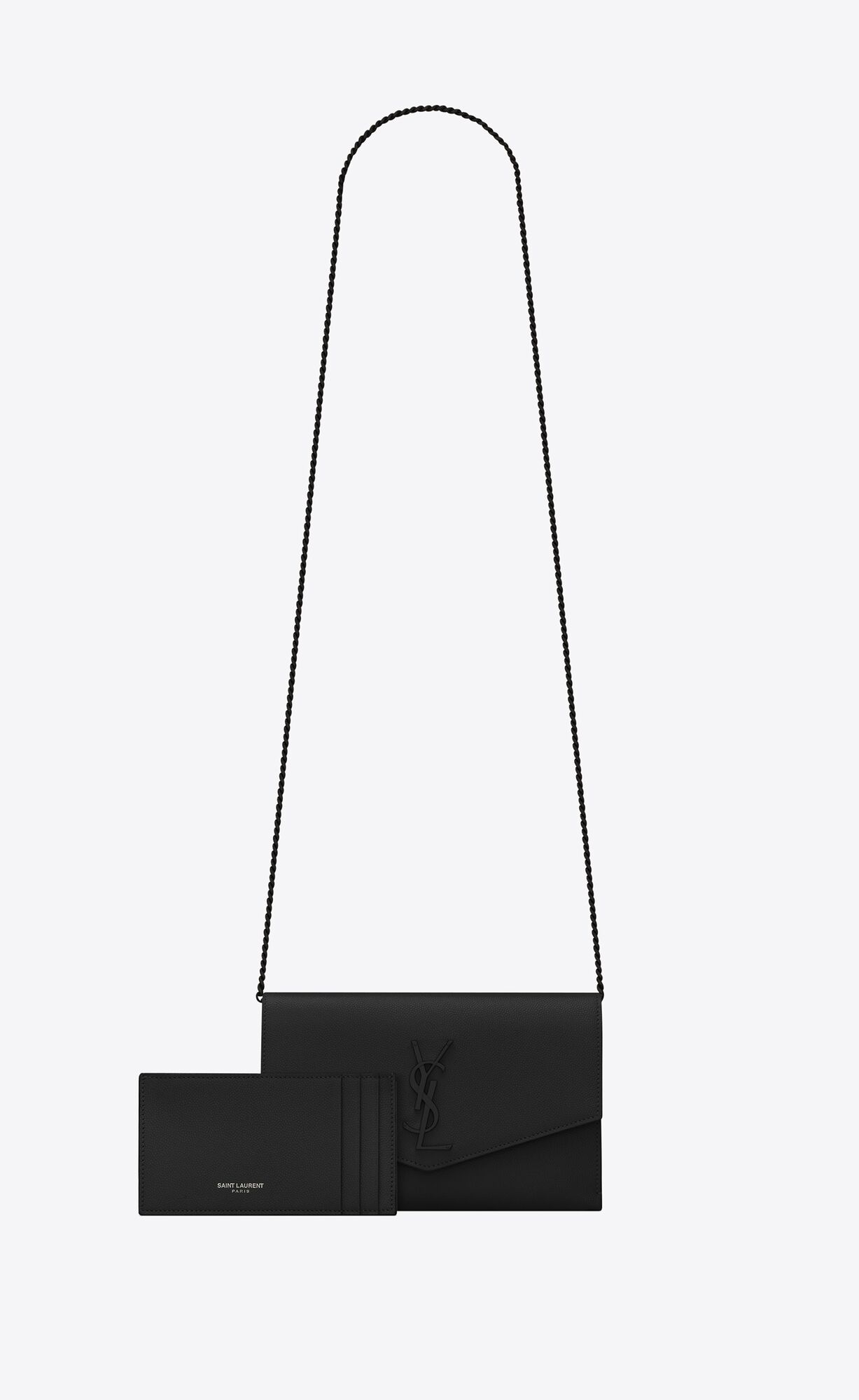 YSL Uptown Chain Wallet In Grain De Poudre Embossed Leather Black | GDNIW7082