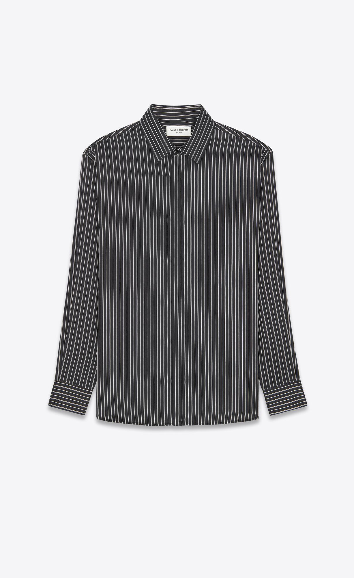 YSL Yves Collar Classic Shirt In Striped Silk Noir Craie | VHTCF5714