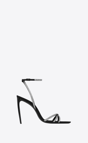 YSL Ava Sandals In Crepe Satin With Rhinestones Black And Crystal | UVXPJ7145