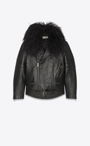 YSL Biker Jacket In Leather And Feathers Noir | TEOXQ2675