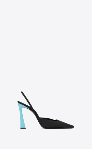 YSL Blade Slingback Pumps In Shantung And Patent Leather Noir Et Celeste | BGPSA1086