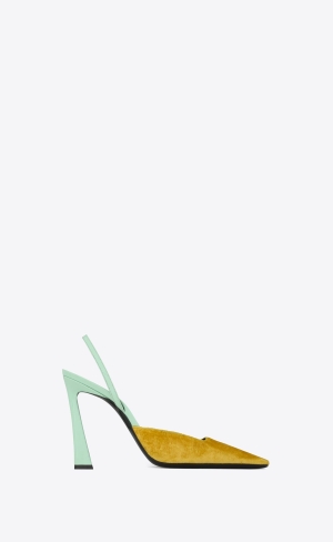 YSL Blade Slingback Pumps In Silk Velvet And Patent Leather Ocre Et Vert Anis | HACJW4758